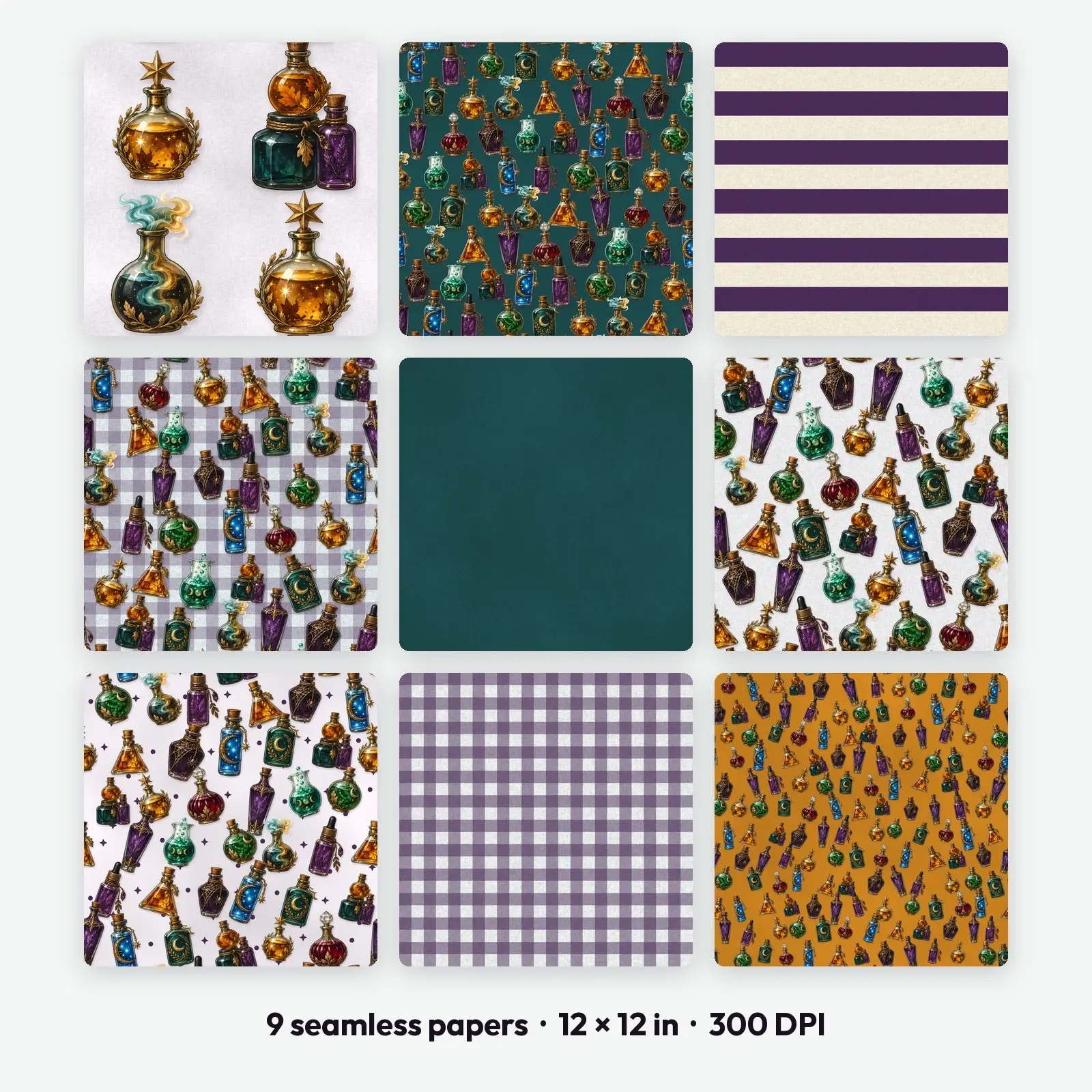 Apothecary Potion Bottles Digital Scrapbook Paper – 9 Seamless Backgrounds, 12x12 in, preview 1 of 4
