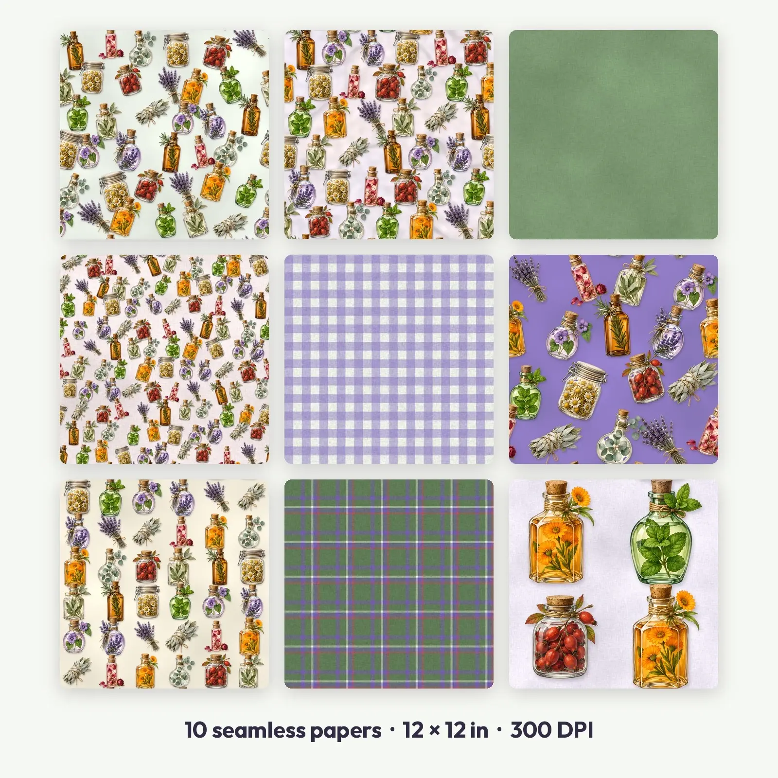 Potions and Herbs Watercolor Seamless Patterns – 10 Digital Papers, 12x12 JPG preview