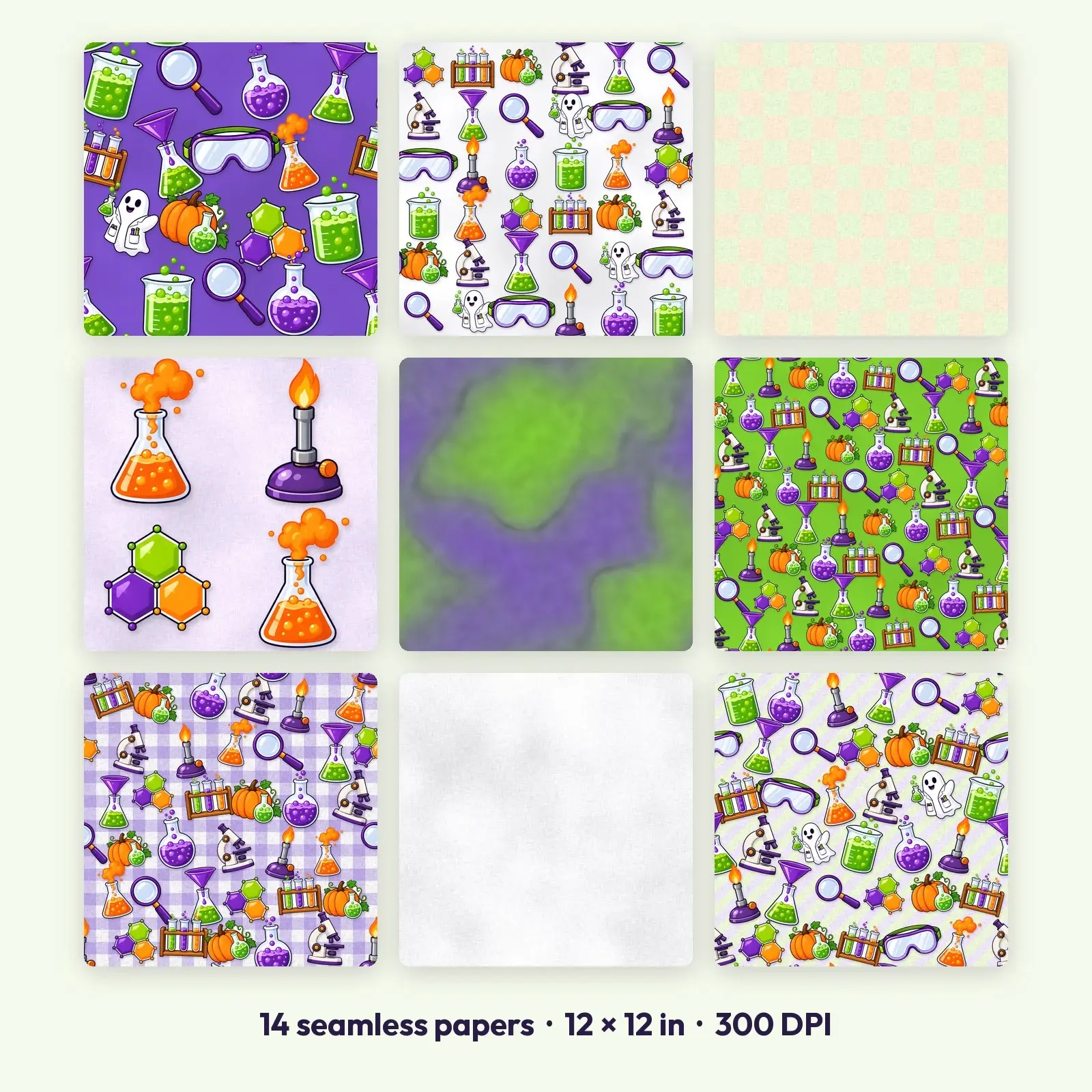 Mad Scientist Potion Lab Digital Scrapbook Paper – 14 Seamless Backgrounds, 12x12 in preview