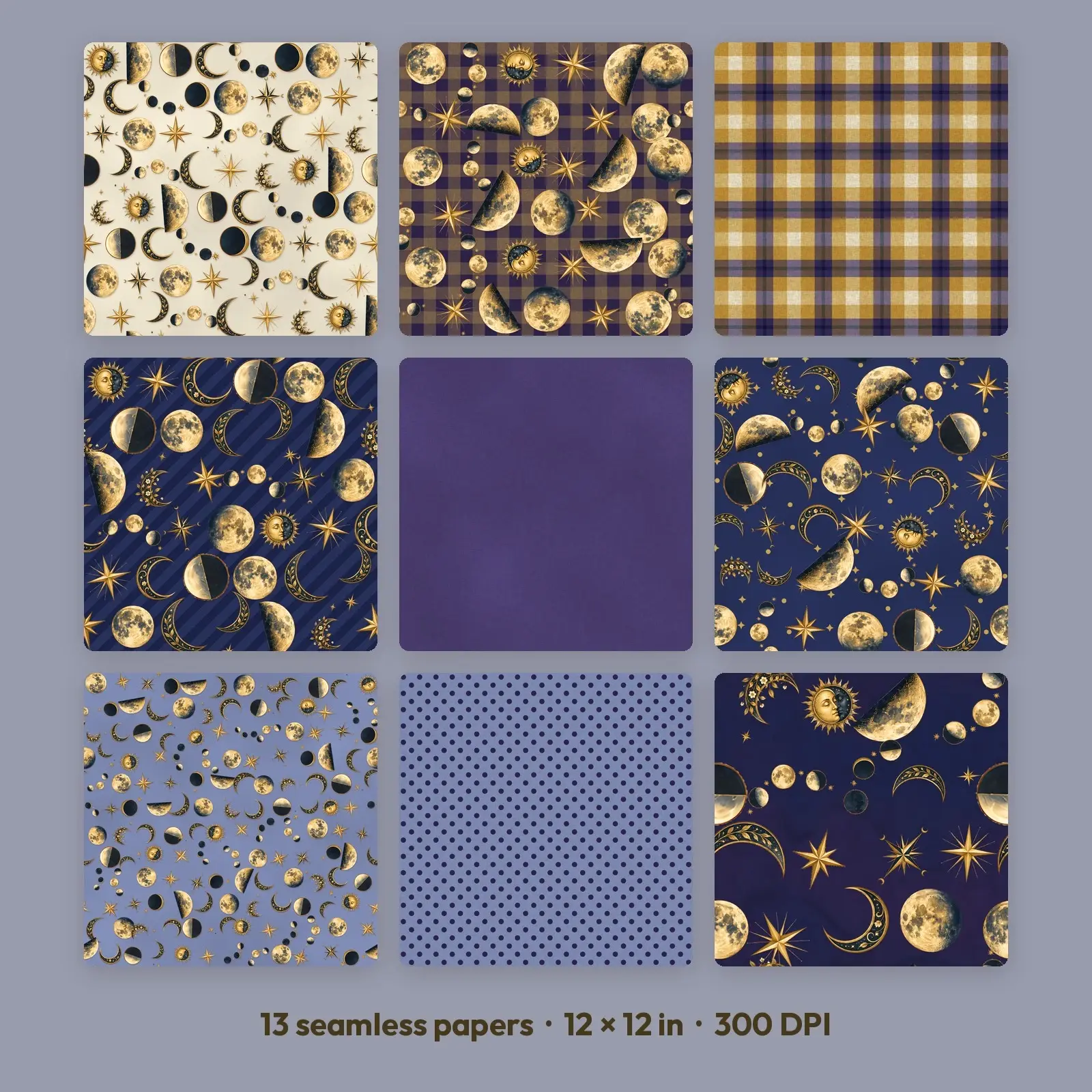 Moon Phases and Stars Seamless Digital Paper Pack – 13 Printable 12x12 Patterns preview