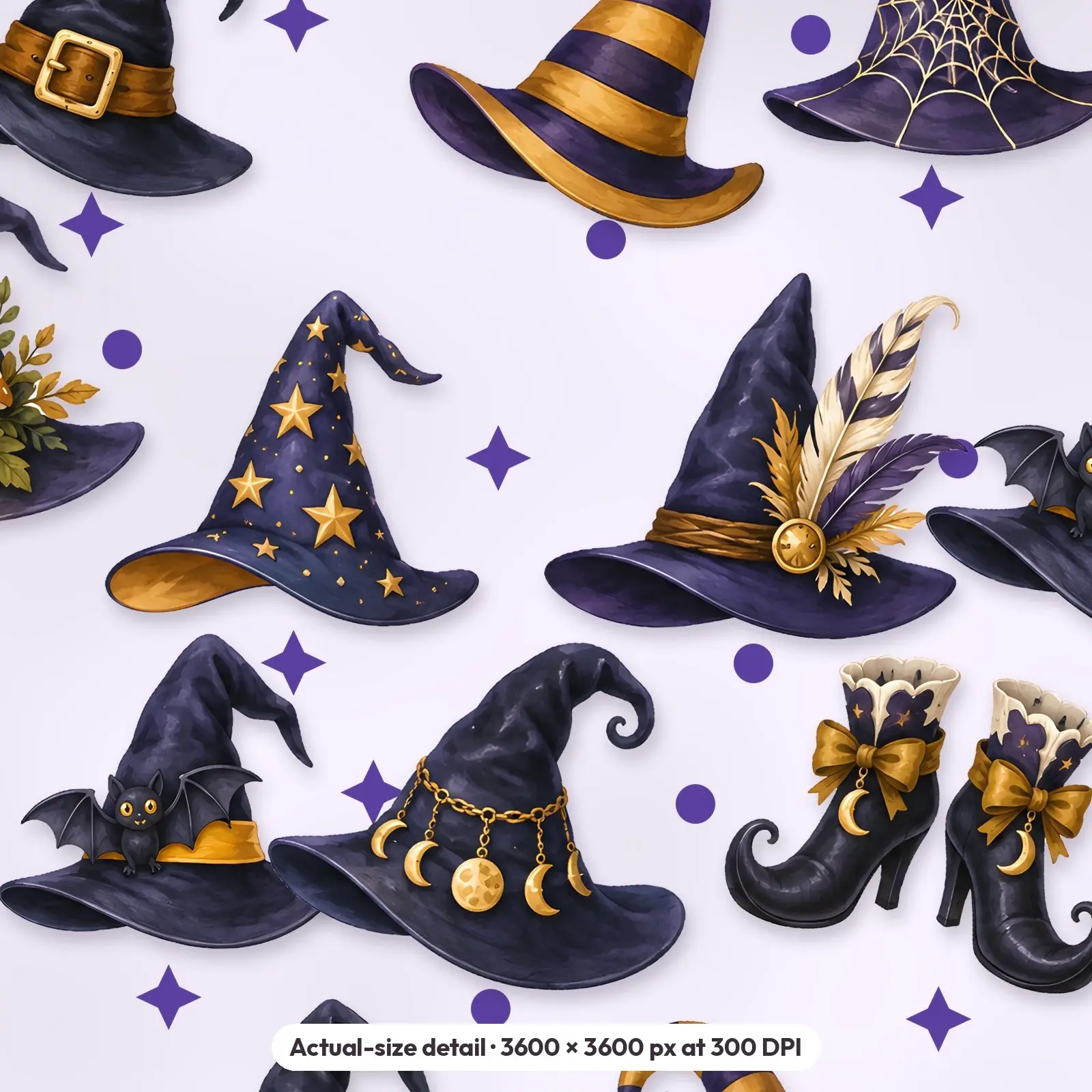 12 Starry Witch Hats Seamless Backgrounds – Digital Paper Pack, 300 DPI JPG + PNG, preview 4 of 4