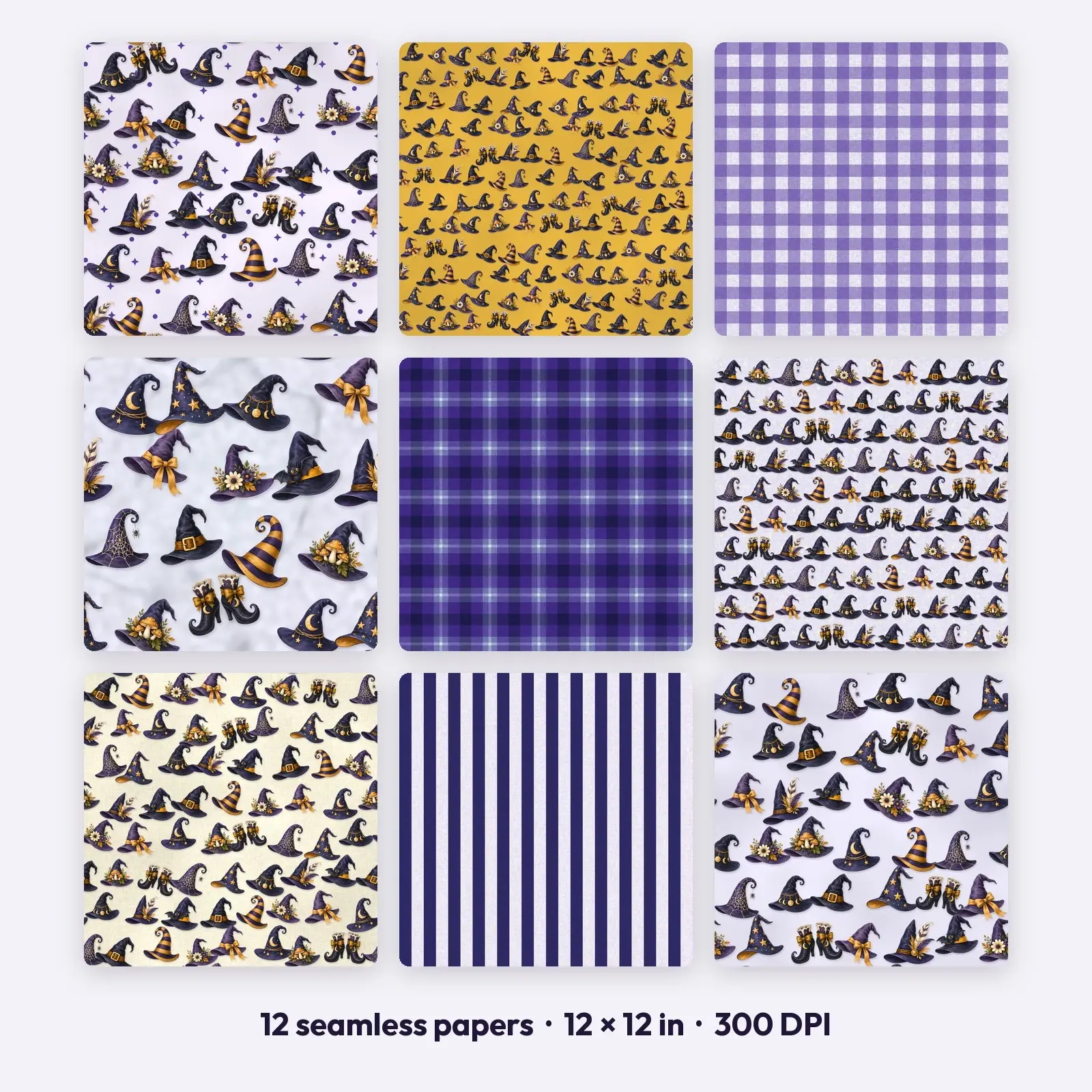 12 Starry Witch Hats Seamless Backgrounds – Digital Paper Pack, 300 DPI JPG + PNG, preview 1 of 4