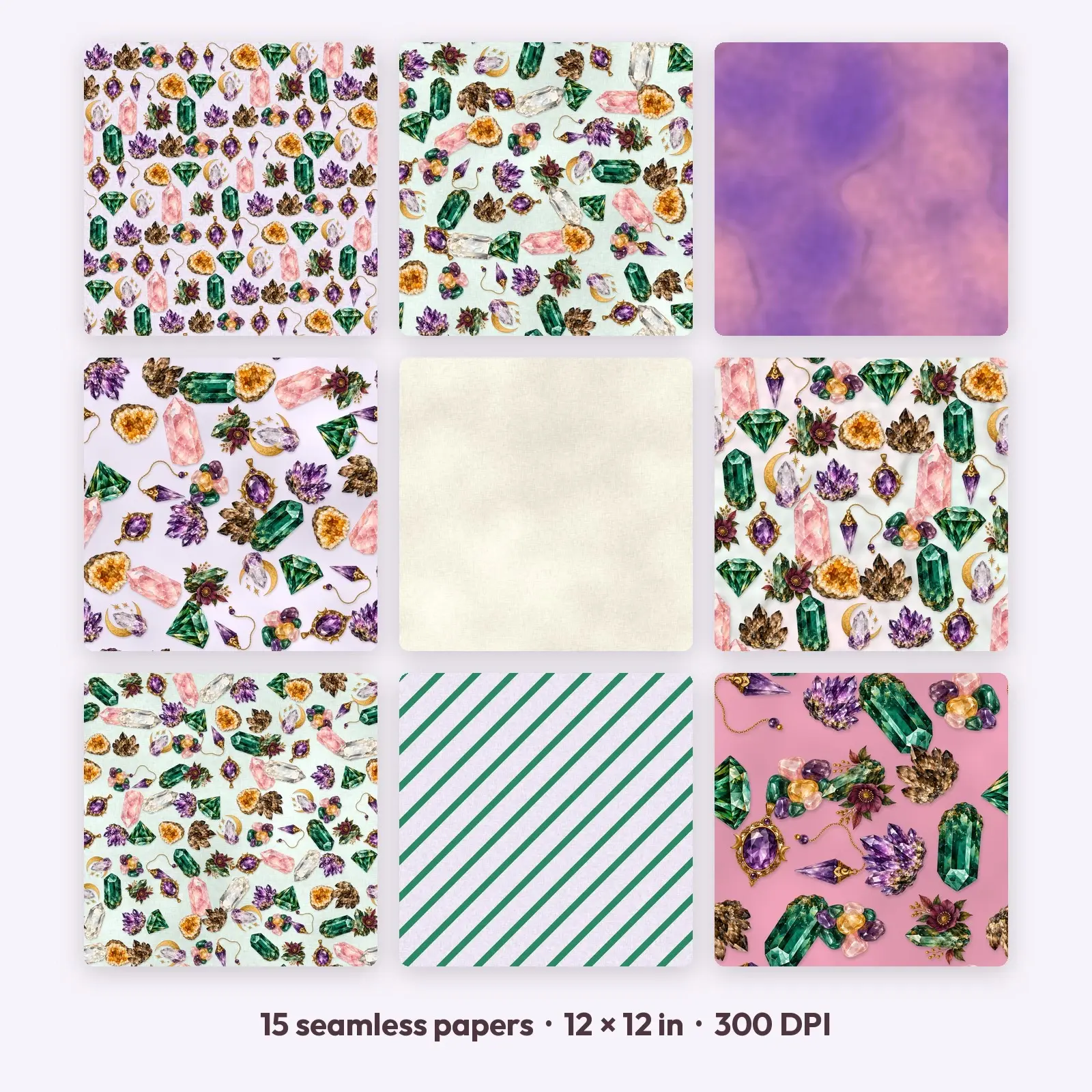 Crystal and Gem Magic Seamless Patterns – 15 Digital Papers, 12x12 JPG preview