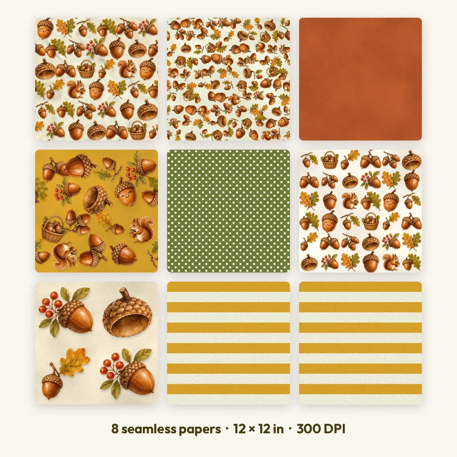 Acorn Harvest Digital Scrapbook Paper – 8 Seamless Backgrounds, 12x12 in preview