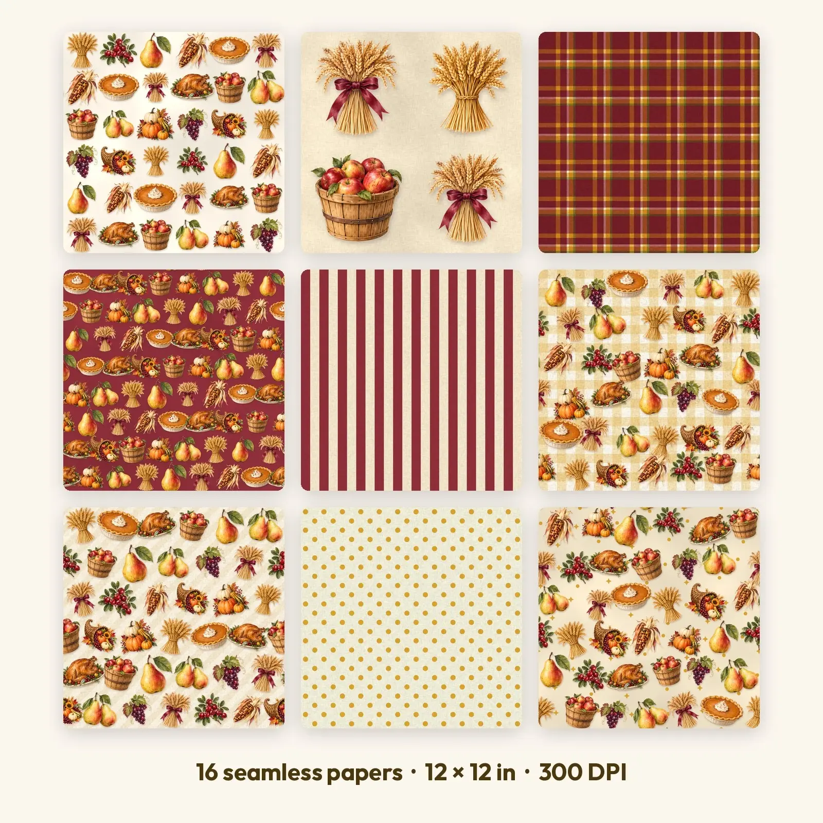 Cornucopia Thanksgiving Seamless Digital Paper Pack – 16 Printable 12x12 Patterns preview