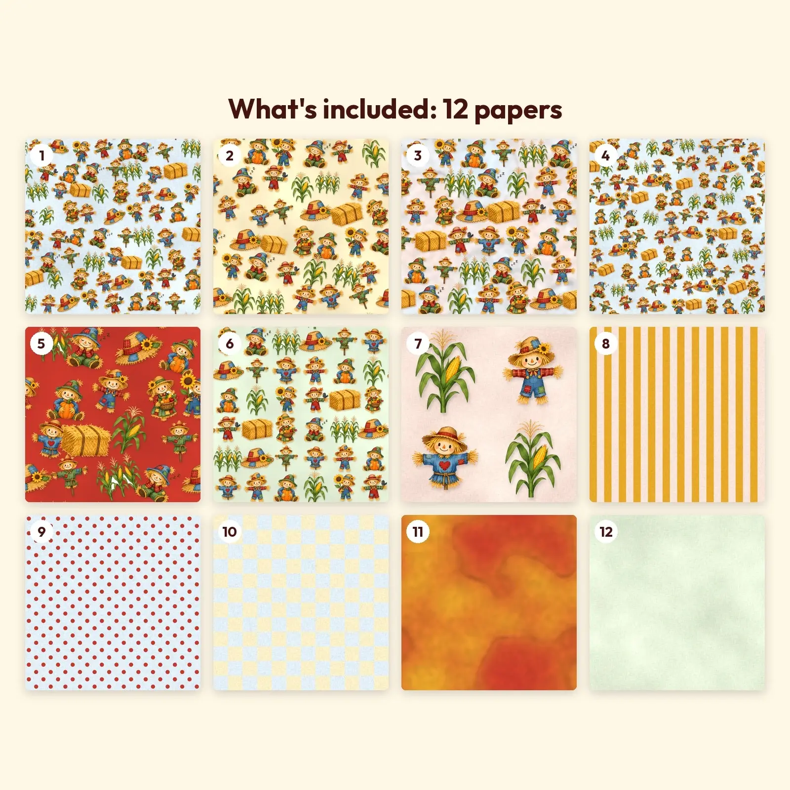 Friendly Scarecrow Patch Digital Scrapbook Paper – 12 Seamless Backgrounds, 12x12 in, preview 3 of 4