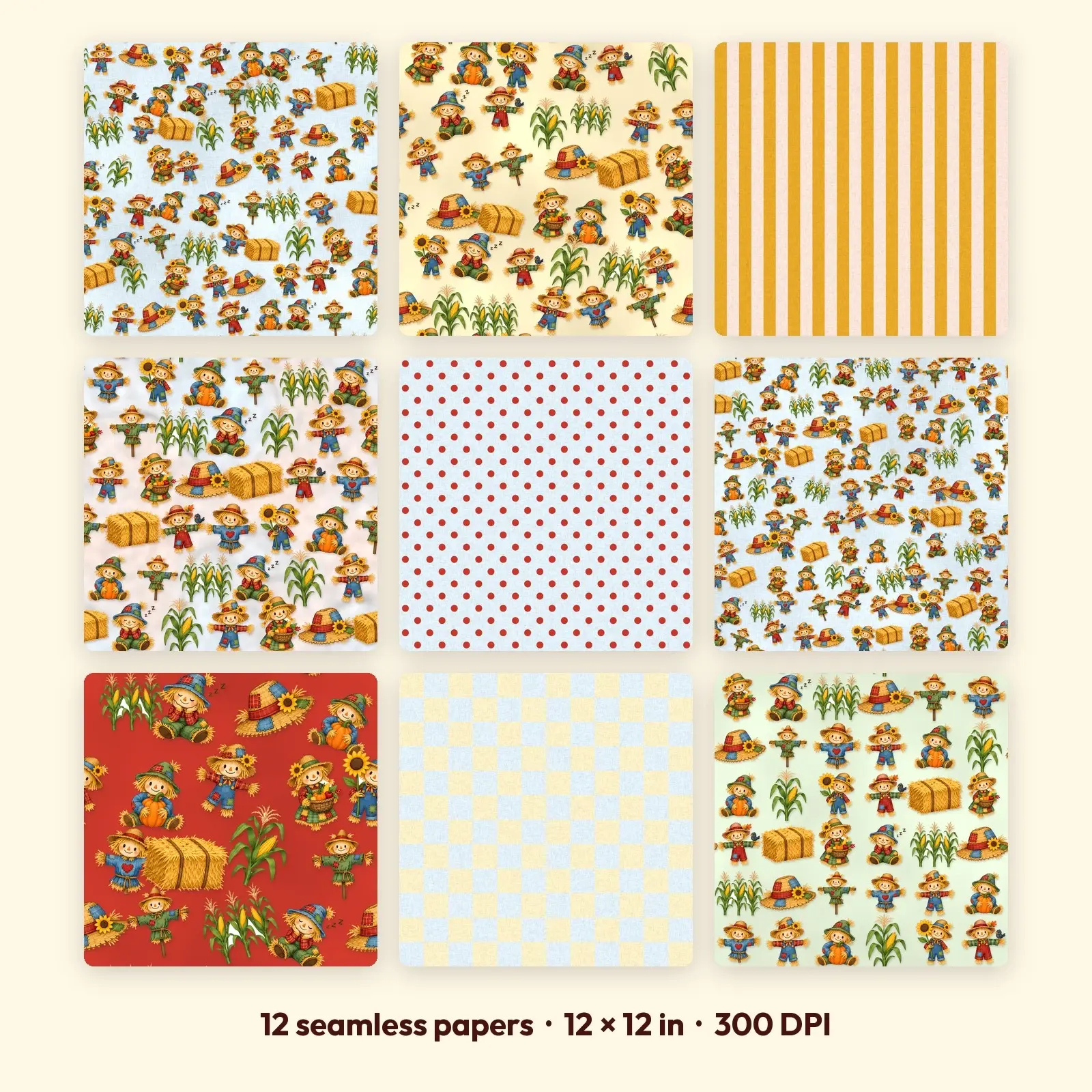 Friendly Scarecrow Patch Digital Scrapbook Paper – 12 Seamless Backgrounds, 12x12 in, preview 1 of 4