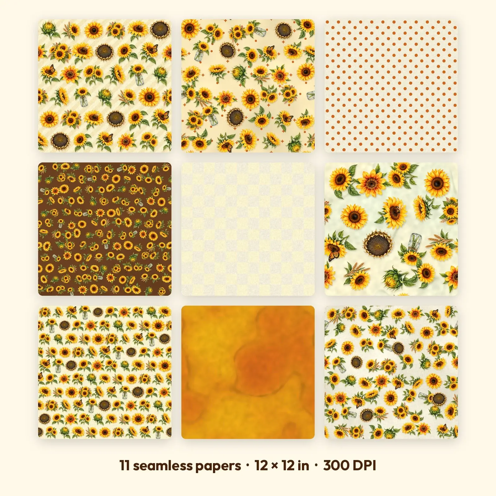 Sunflower Harvest Seamless Patterns – 11 Digital Papers, 12x12 JPG + PNG preview