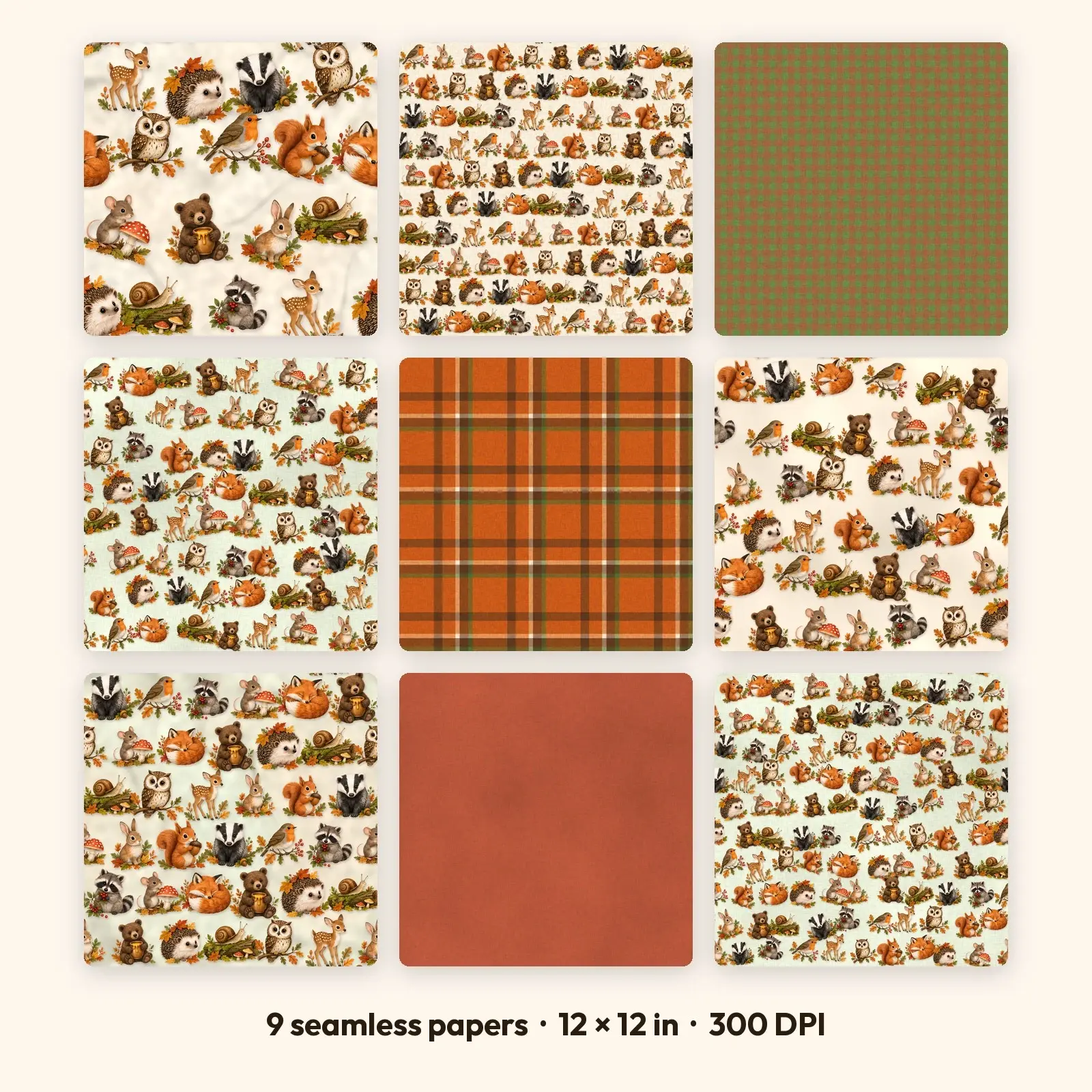 Woodland Fall Critters Digital Scrapbook Paper – 9 Seamless Backgrounds, 12x12 in preview