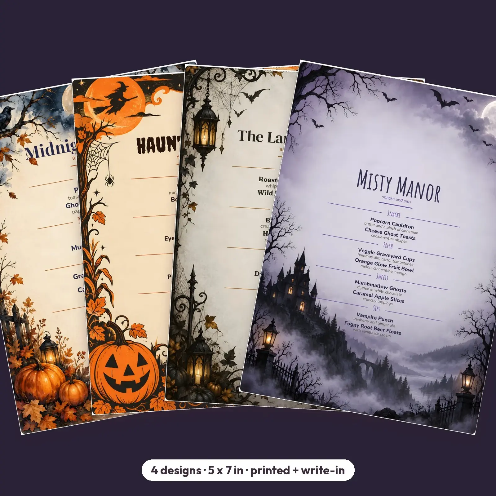 Haunted Halloween Menu Cards, 4 Vintage Designs, 5x7 Printable Dinner Menus, Letter and A4 preview