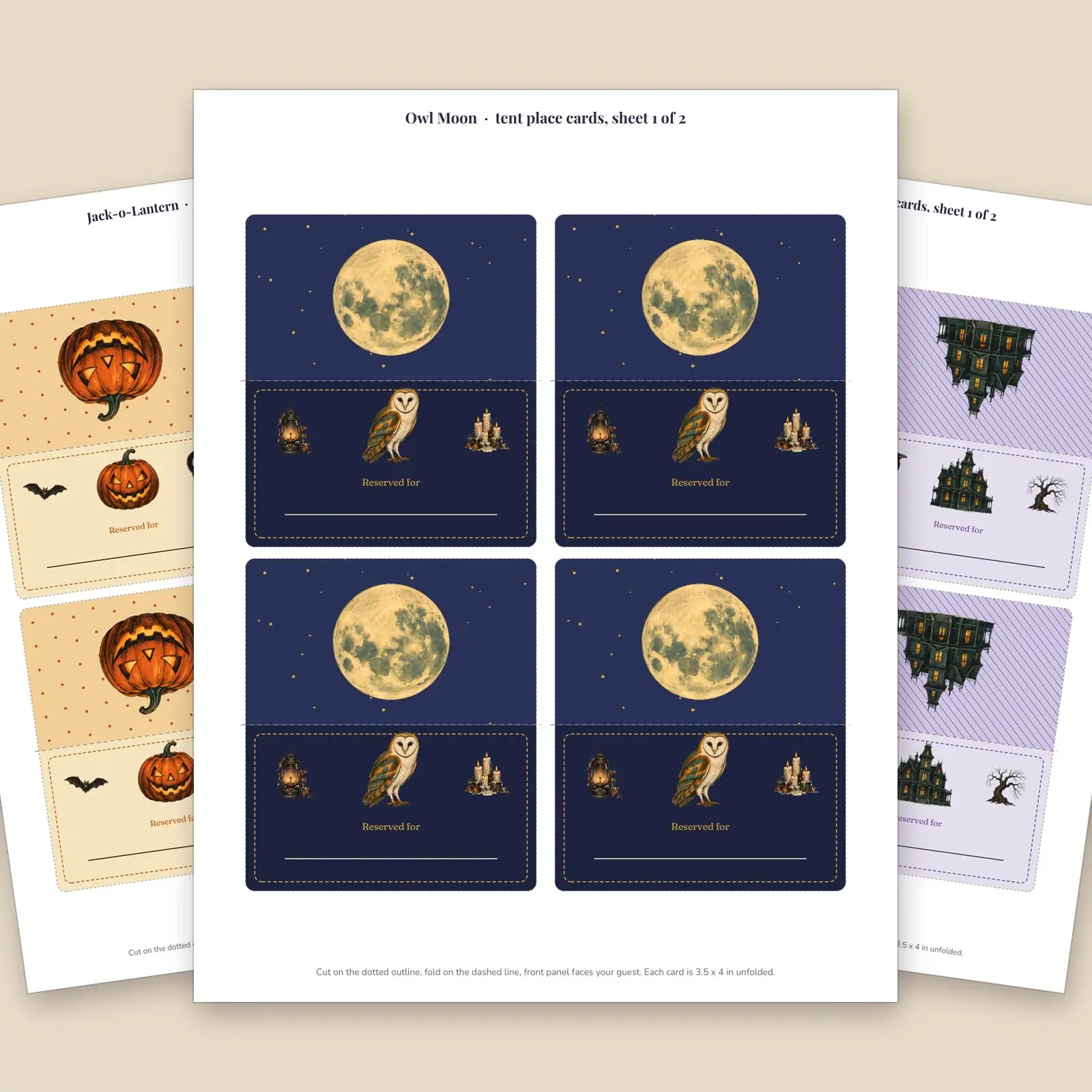Halloween Tent Place Cards, 24 Haunted Dinner Name Cards in 3 Designs, Fillable PDF, preview 1 of 4