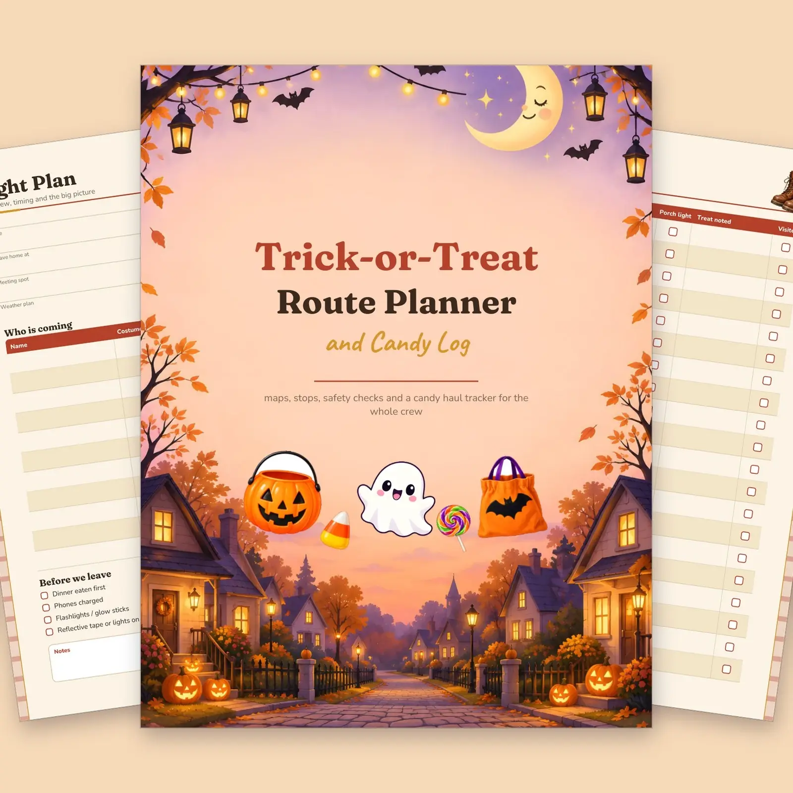 Trick-or-Treat Route Planner and Candy Log Printable, 11 Pages, Fillable PDF preview