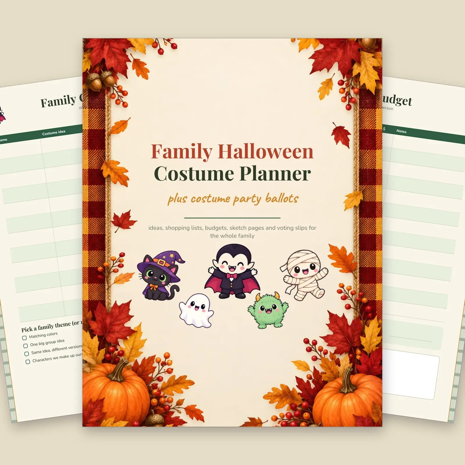 Family Halloween Costume Planner with Costume Party Ballots, 11 Pages, Fillable PDF, preview 1 of 4