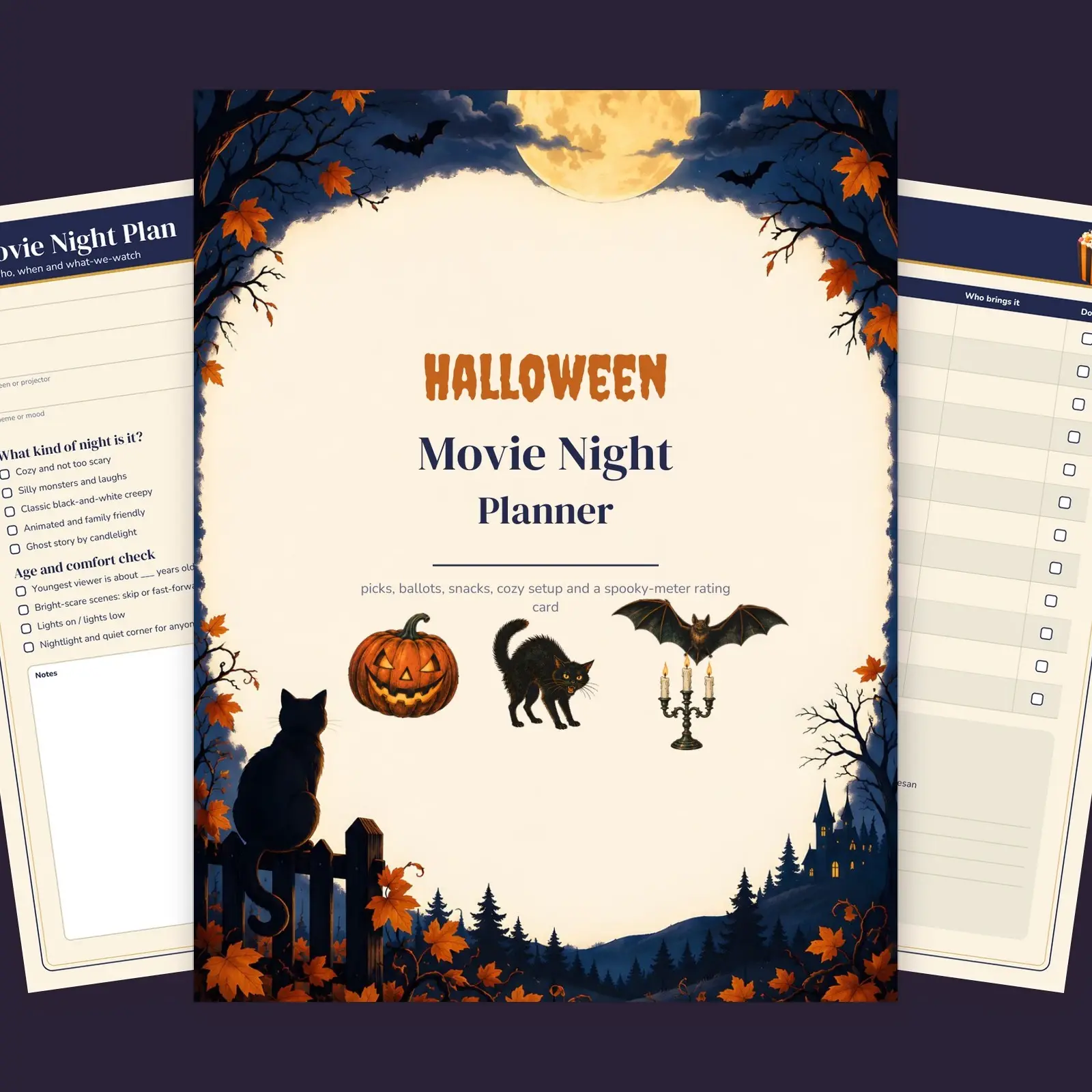Halloween Movie Night Planner with Voting Ballots and Rating Cards, 8-Page Printable PDF preview