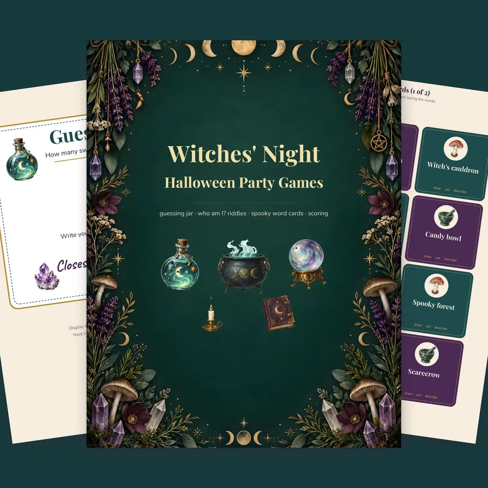 Witches' Night Halloween Party Games, Guess the Jar, Who Am I? Cards and Word Cards, Printable preview