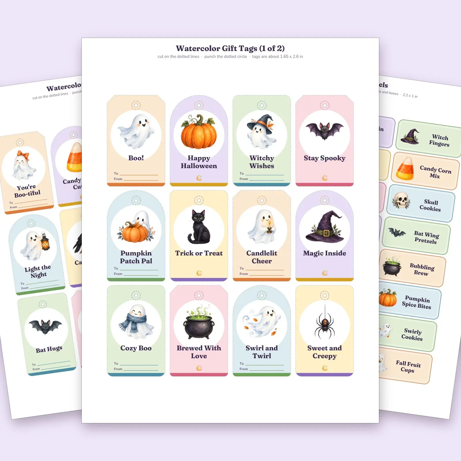 Watercolor Halloween Gift Tags and Treat Labels, 24 Tag Designs with Hole Punch Marks, Printable preview