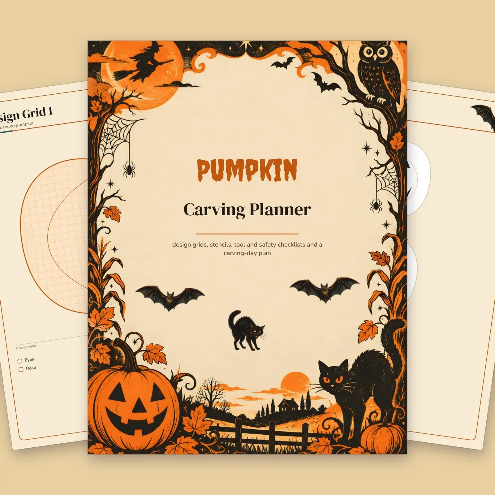 Pumpkin Carving Planner with Design Grids and 6 Face Stencils, Retro Halloween Printable preview