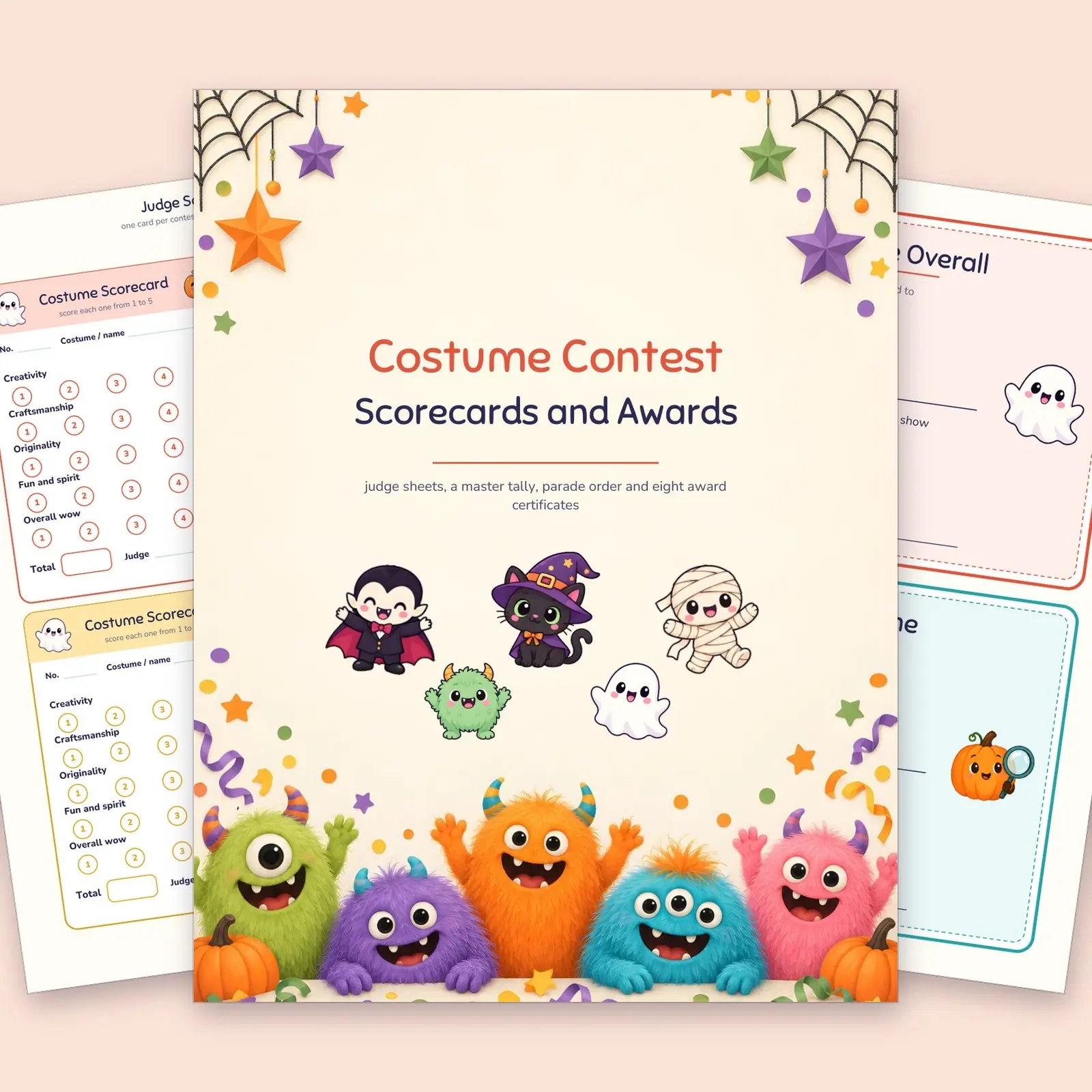 Costume Contest Scorecards and 8 Award Certificates, Fillable Names, Classroom Halloween Printable preview