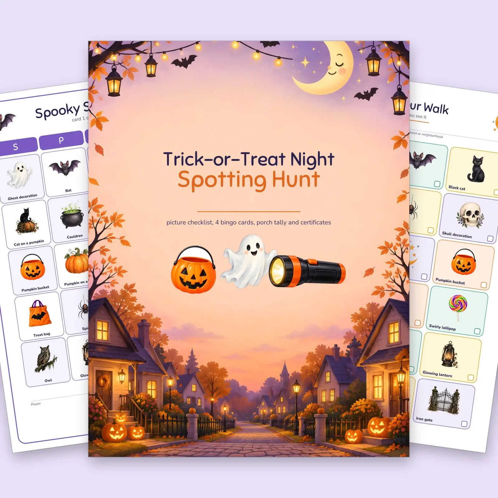 Trick-or-Treat Night Spotting Hunt for Kids - Picture Checklist, 4 Bingo Cards and Porch Tally preview