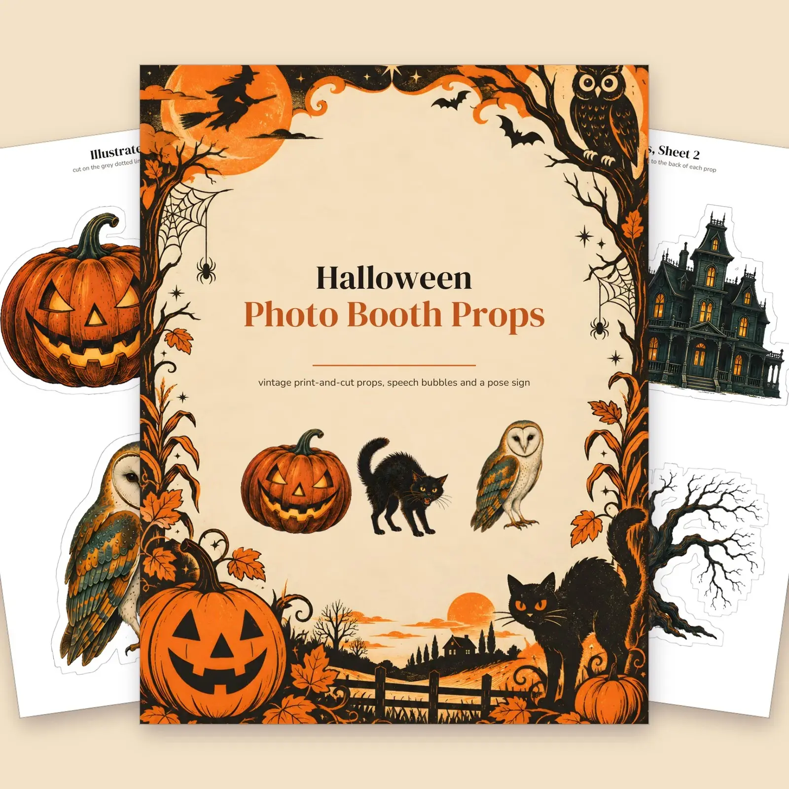 Vintage Halloween Photo Booth Props - 32 Printable Cut-Out Props and Speech Bubbles plus a Pose Sign preview