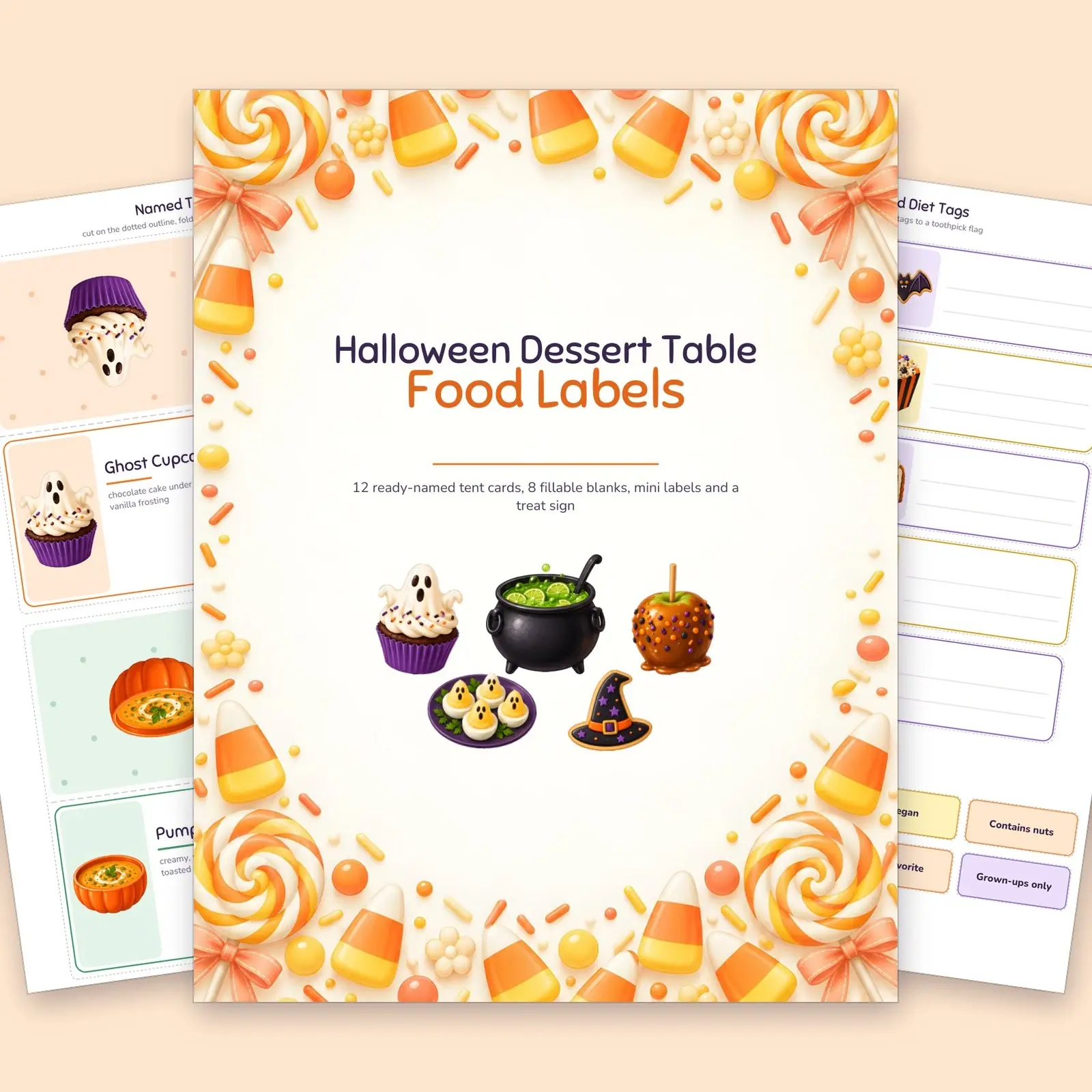 Halloween Dessert Table Food Labels - 20 Fillable Tent Cards, Mini Labels, Diet Tags and Treat Sign preview