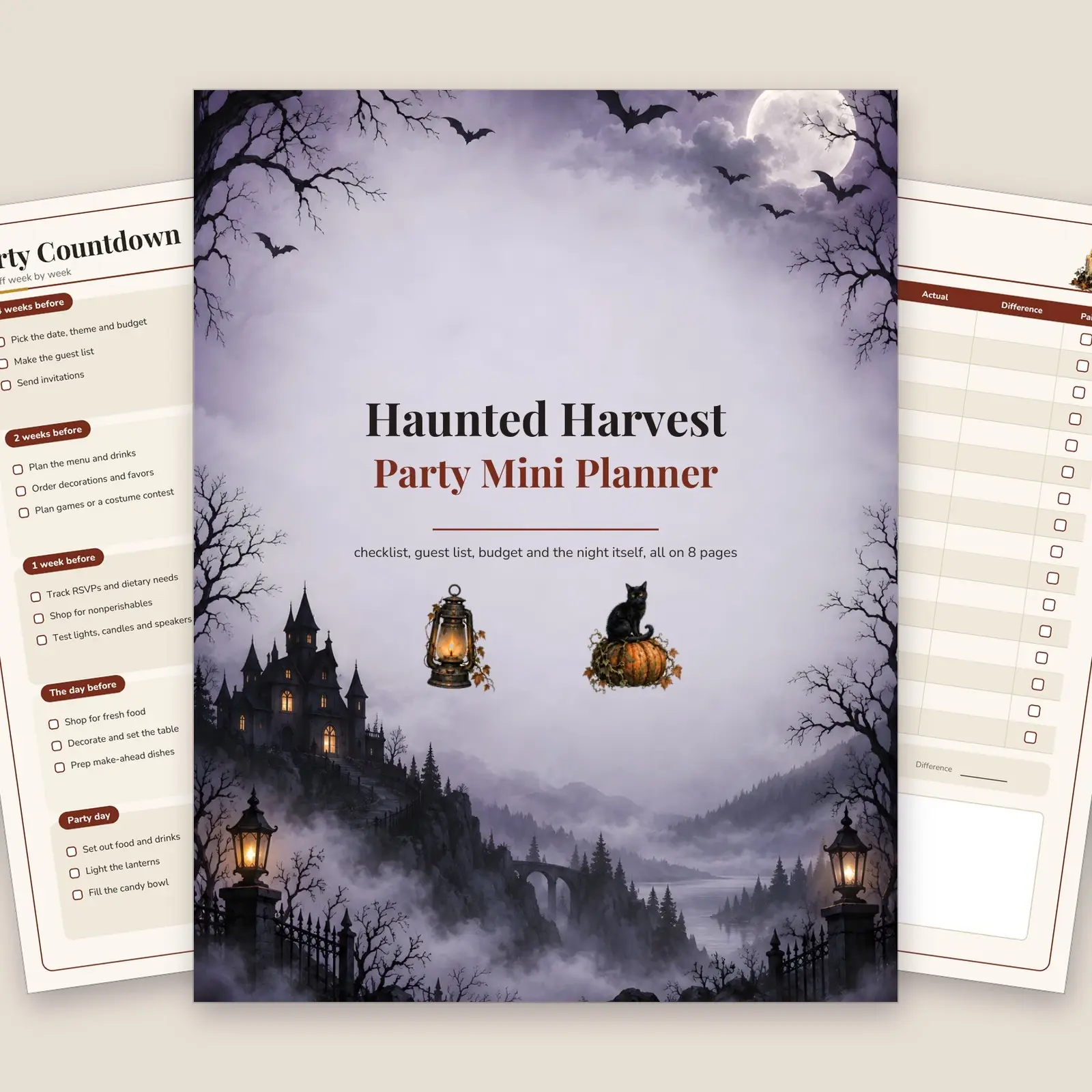 Haunted Harvest Halloween Party Mini Planner - Fillable Checklist, Guest List and Budget, 8 Pages preview