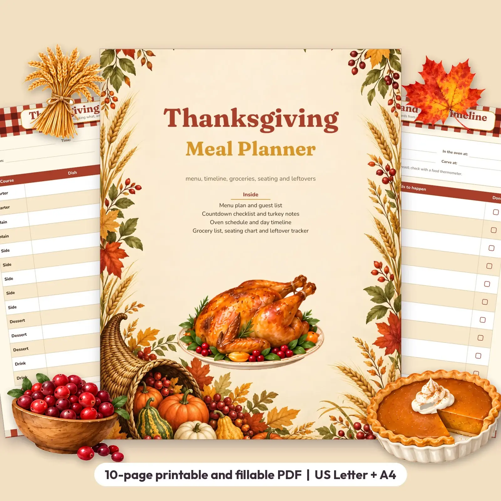 Thanksgiving Meal Planner Printable - Menu, Timeline, Groceries, Seating and Leftovers (Fillable PDF) preview