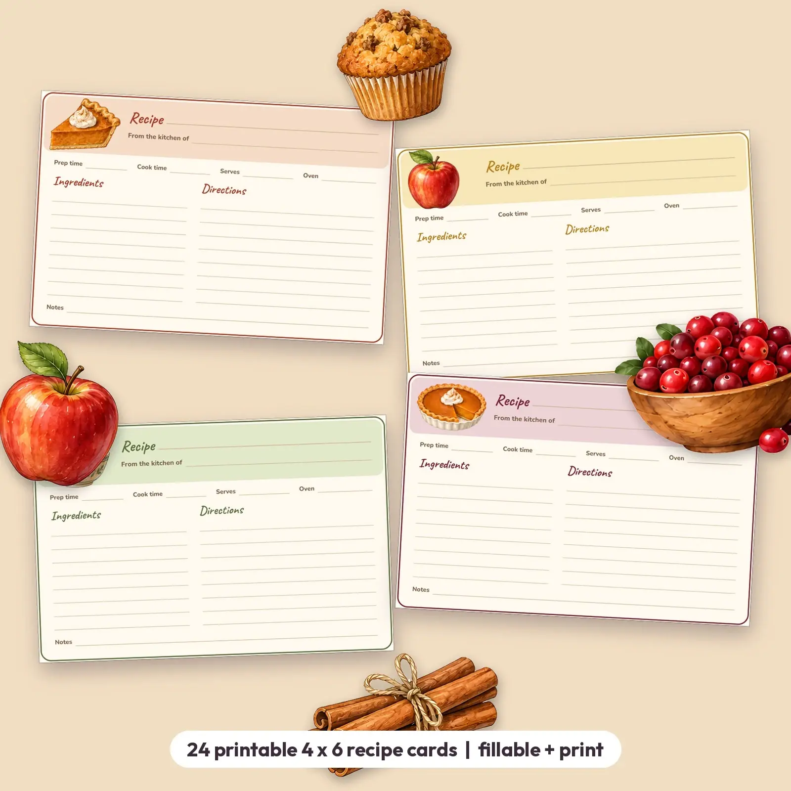 Fall Recipe Cards - 24 Printable 4x6 Illustrated Recipe Cards, Fillable and Print (PDF) preview