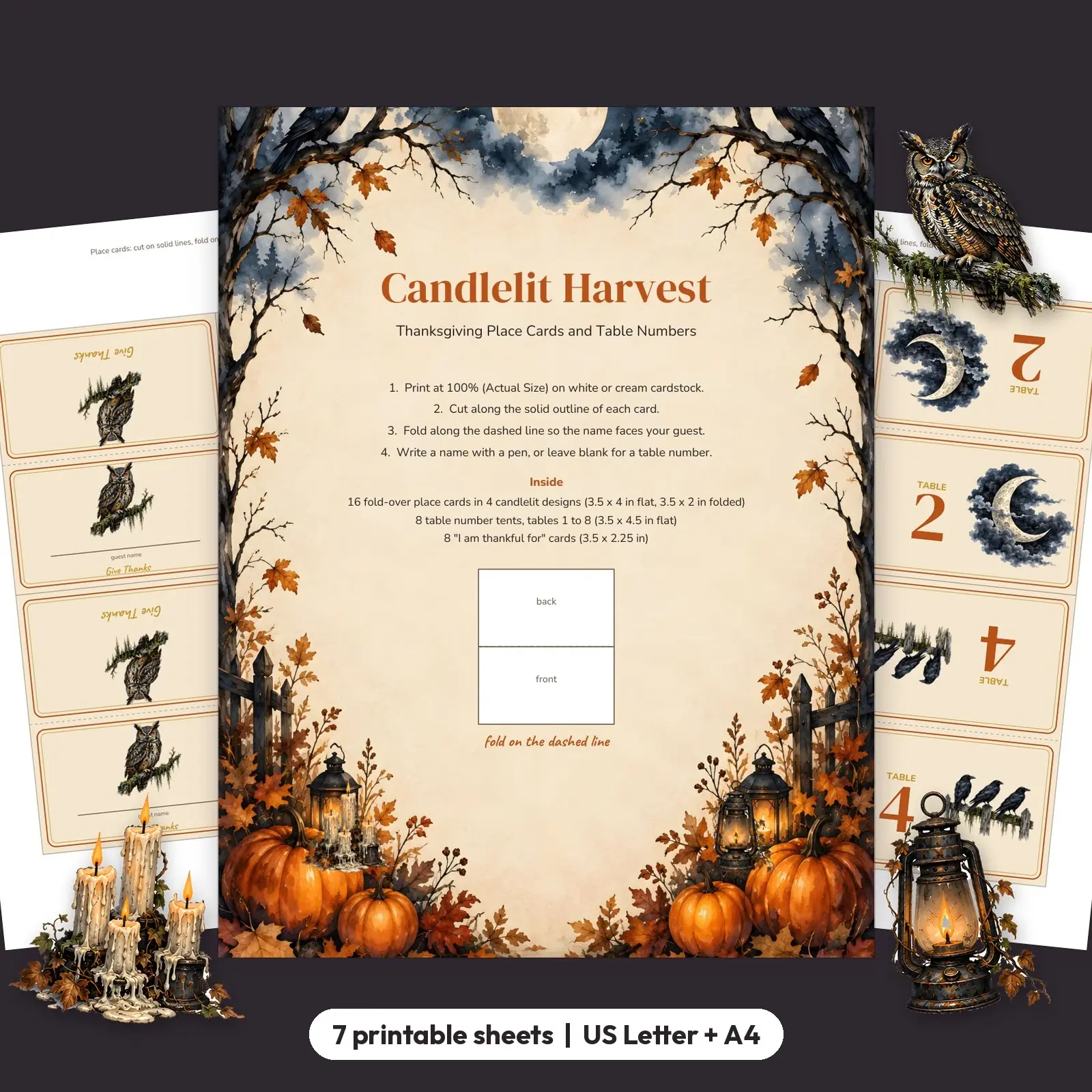 Candlelit Harvest Thanksgiving Place Cards and Table Numbers - Print and Fold Tent Cards, preview 1 of 4