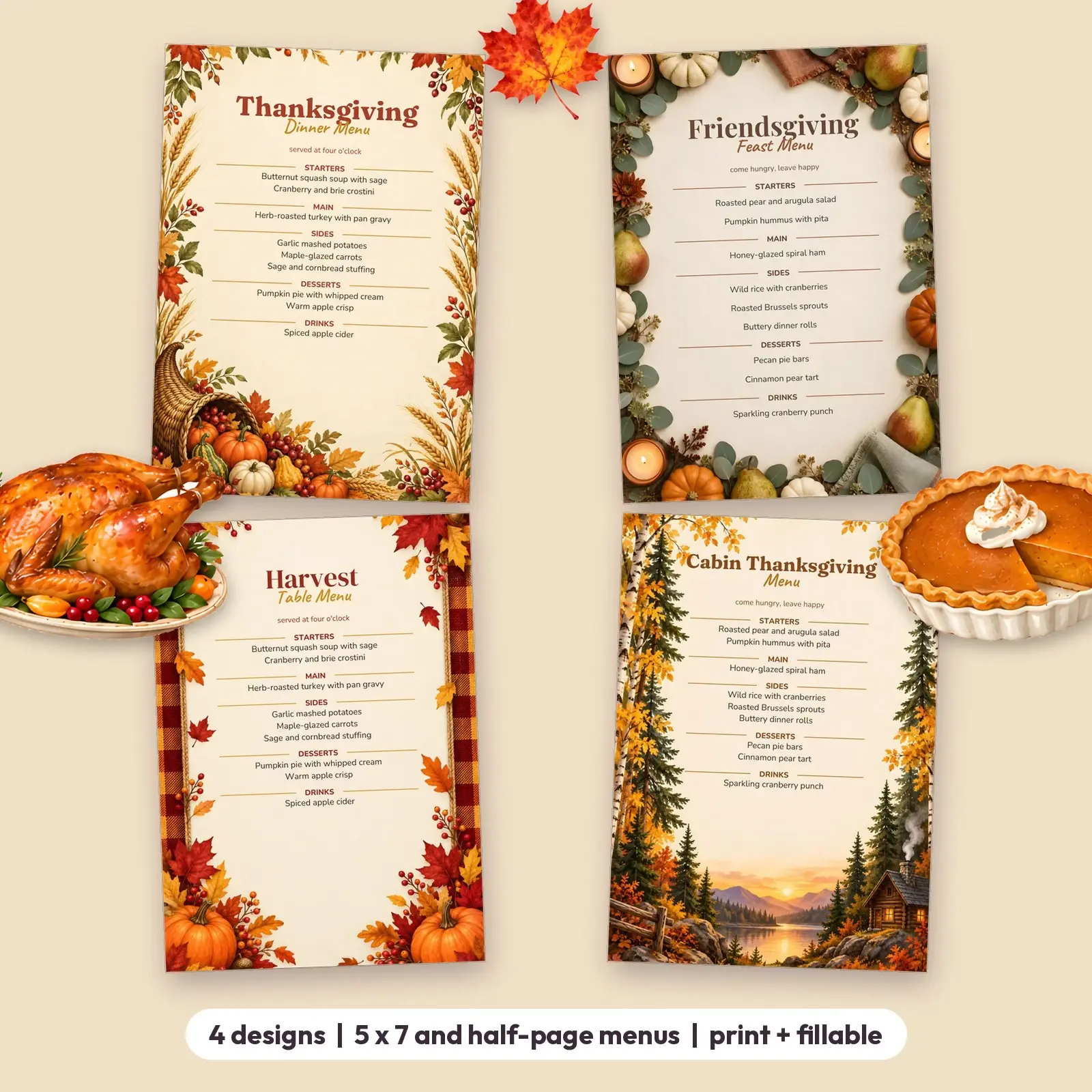 Thanksgiving Menu Cards Printable - 4 Harvest Designs in 5x7 and Half-Page Sizes, Fillable PDF preview