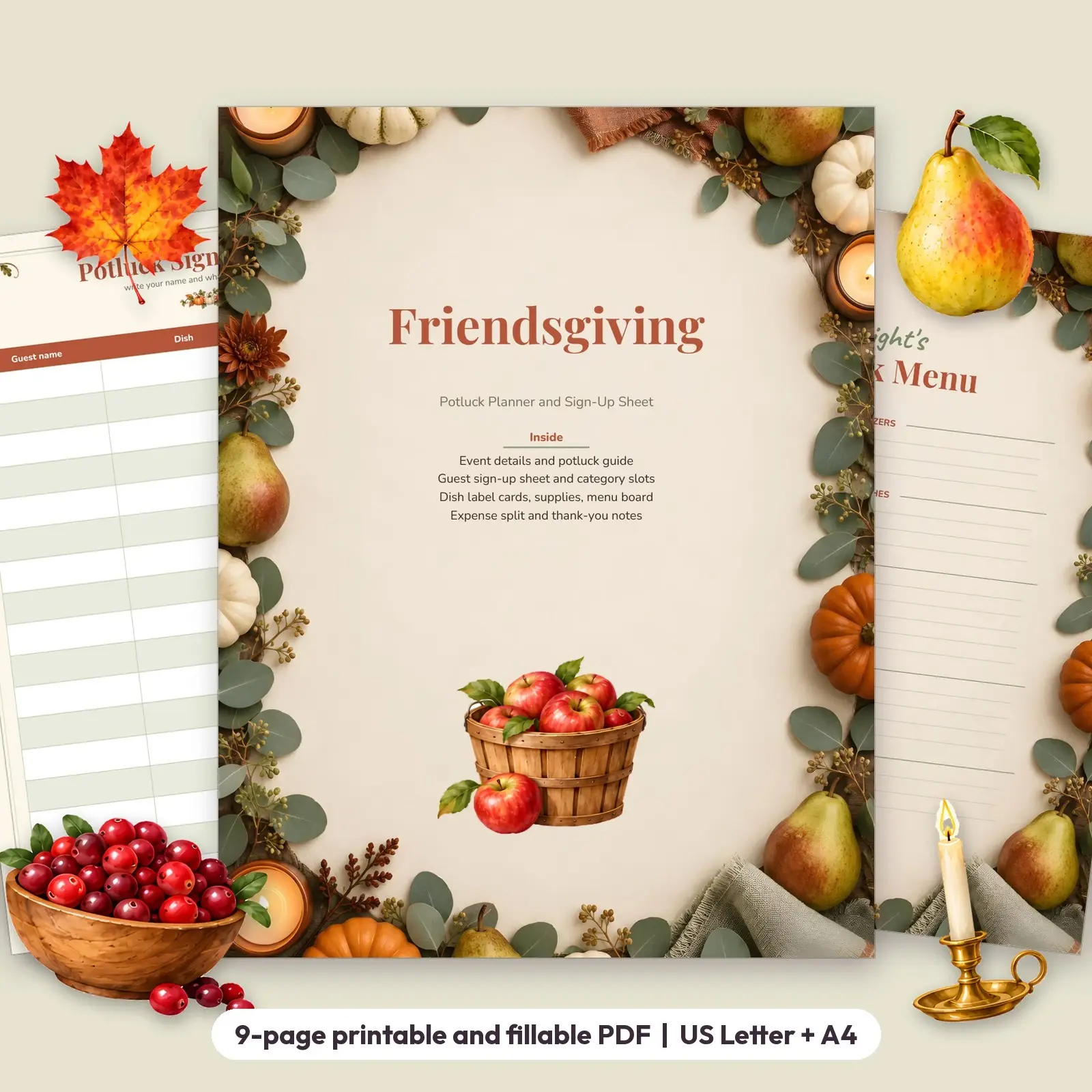 Friendsgiving Potluck Planner and Dish Sign-Up Sheet - Fillable Printable PDF with Label Cards preview