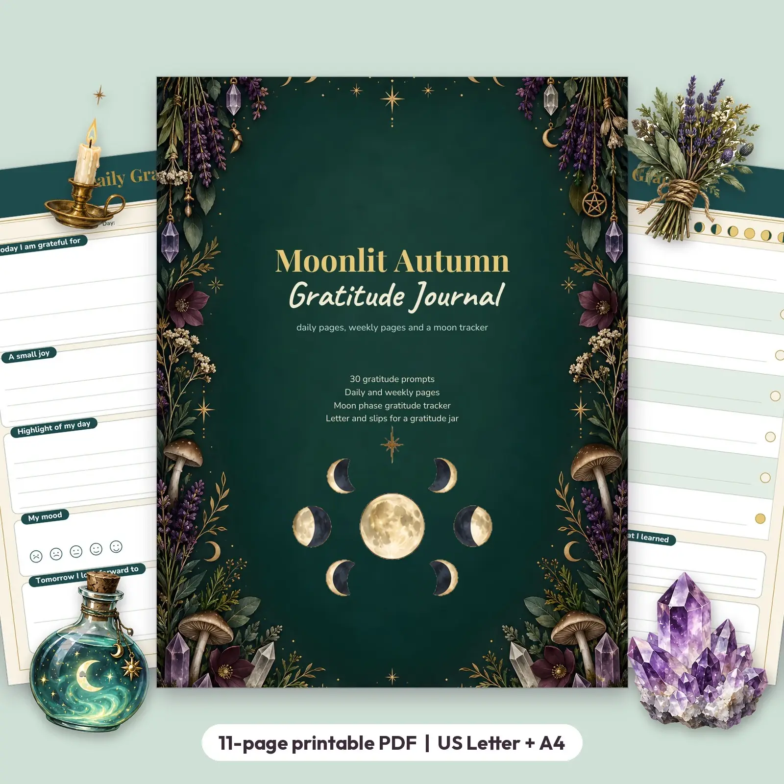 Moonlit Autumn Gratitude Journal Printable - Daily and Weekly Pages, 30 Prompts and Moon Tracker preview