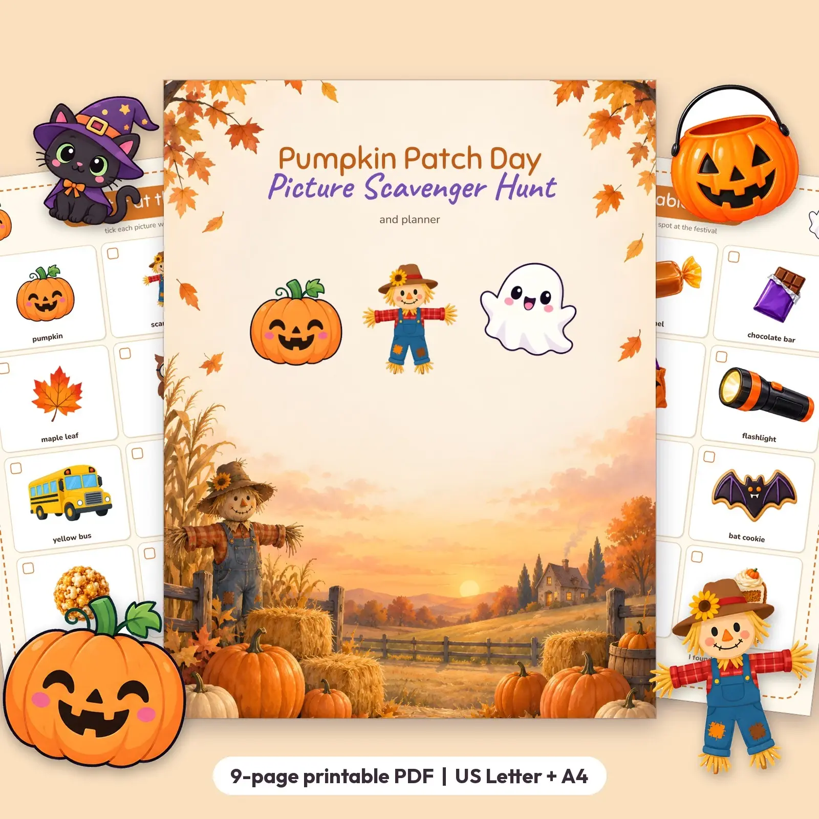 Pumpkin Patch Day Picture Scavenger Hunt and Planner for Kids - Printable Spot-It Pages preview