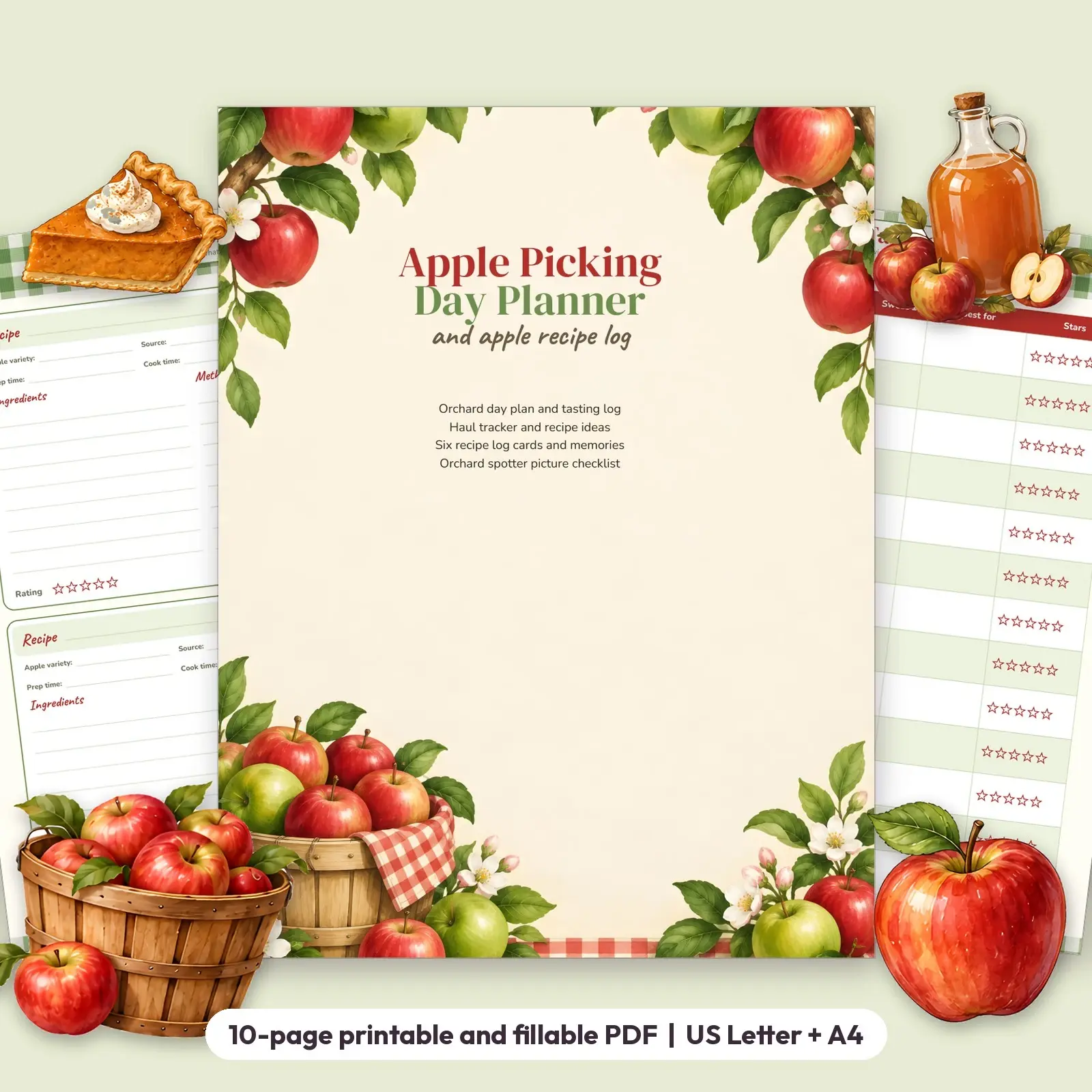 Apple Picking Day Planner and Apple Recipe Log - Fillable Orchard Printable with Tasting Sheets preview