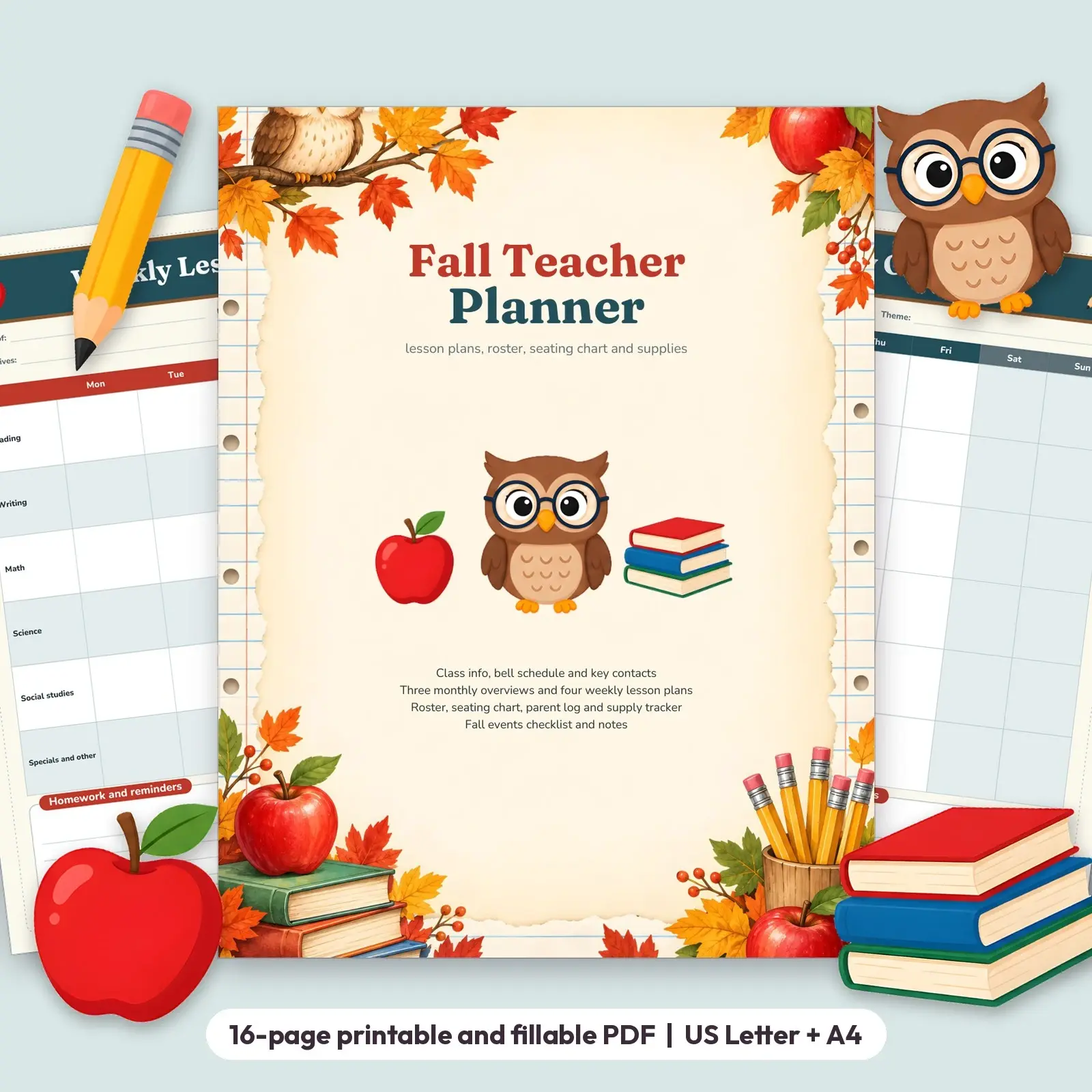 Fall Teacher Planner Printable - Weekly Lesson Plans, Class Roster, Seating Chart and Supplies (Fillable) preview