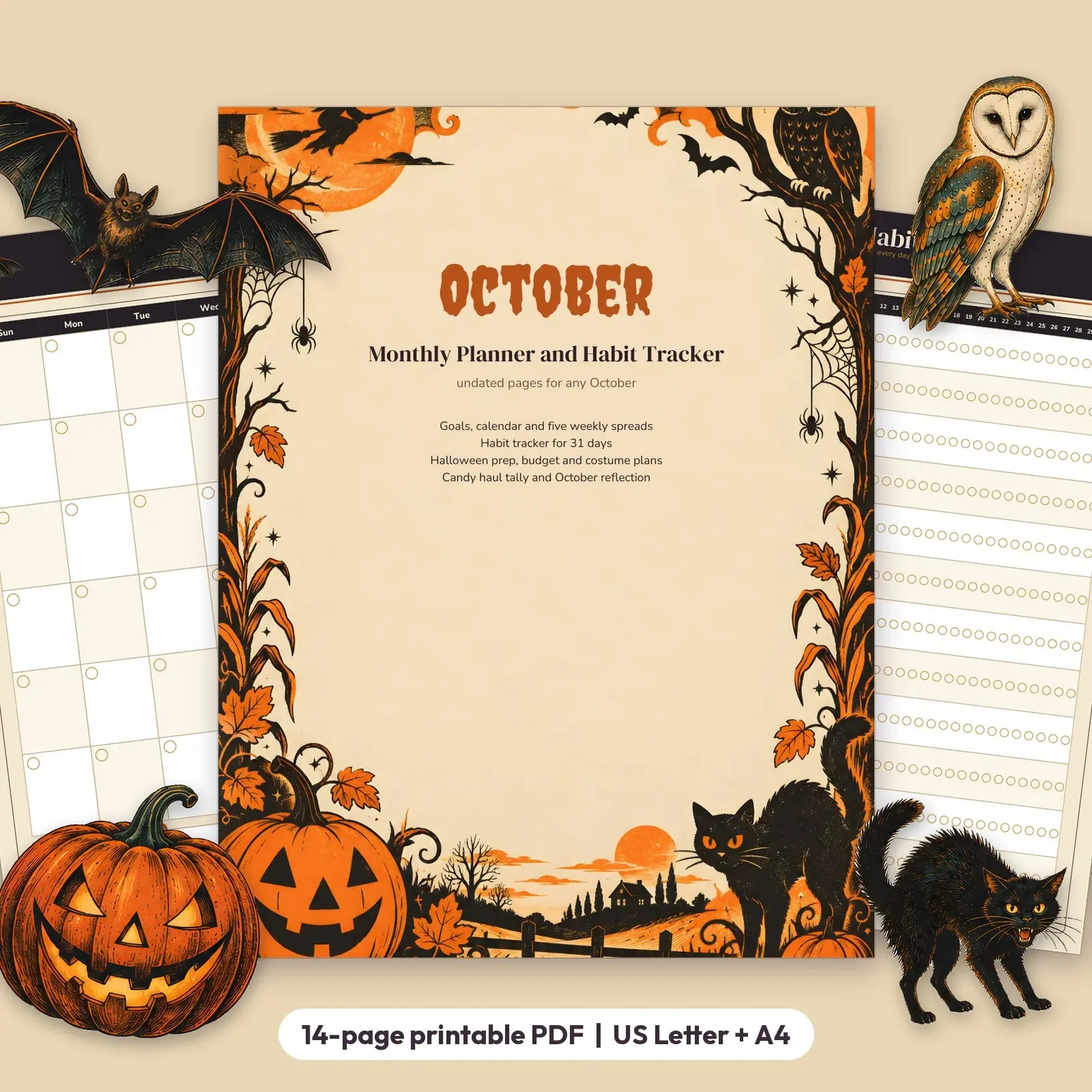 October Monthly Planner and Habit Tracker Printable - Haunted Harvest Calendar, Weekly Pages and Halloween Prep preview