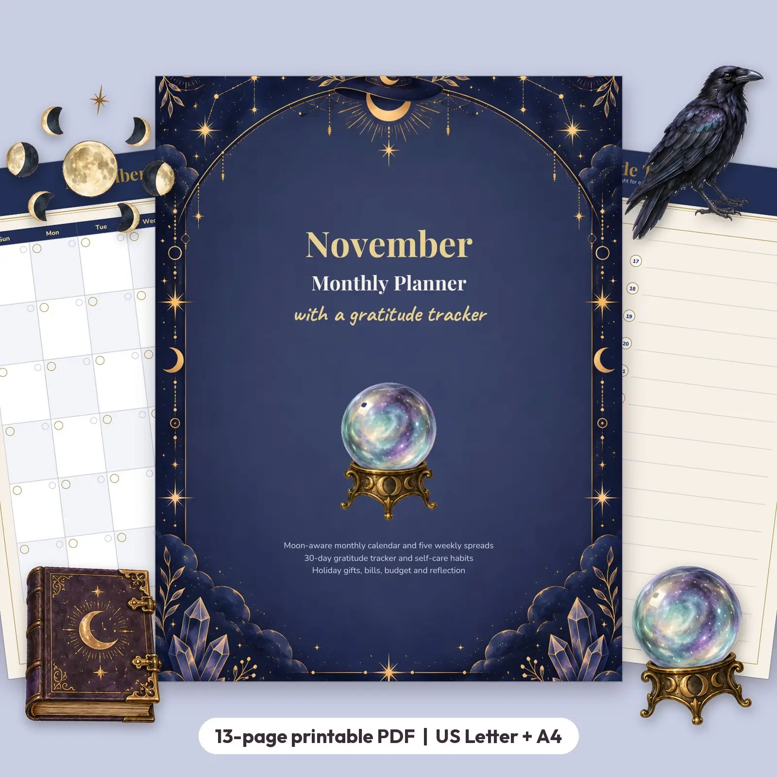 November Monthly Planner with Gratitude Tracker - Moon Phase Calendar, Weekly Pages and Habit Log preview
