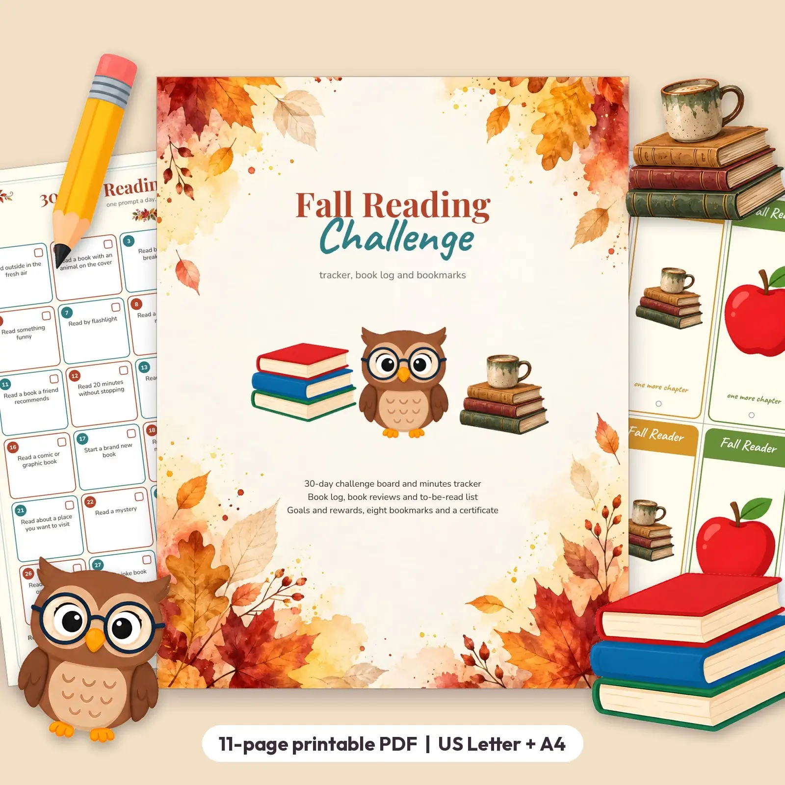 Fall Reading Challenge Tracker and Book Log for Kids - Printable Reading Log, Bookmarks and Certificate preview