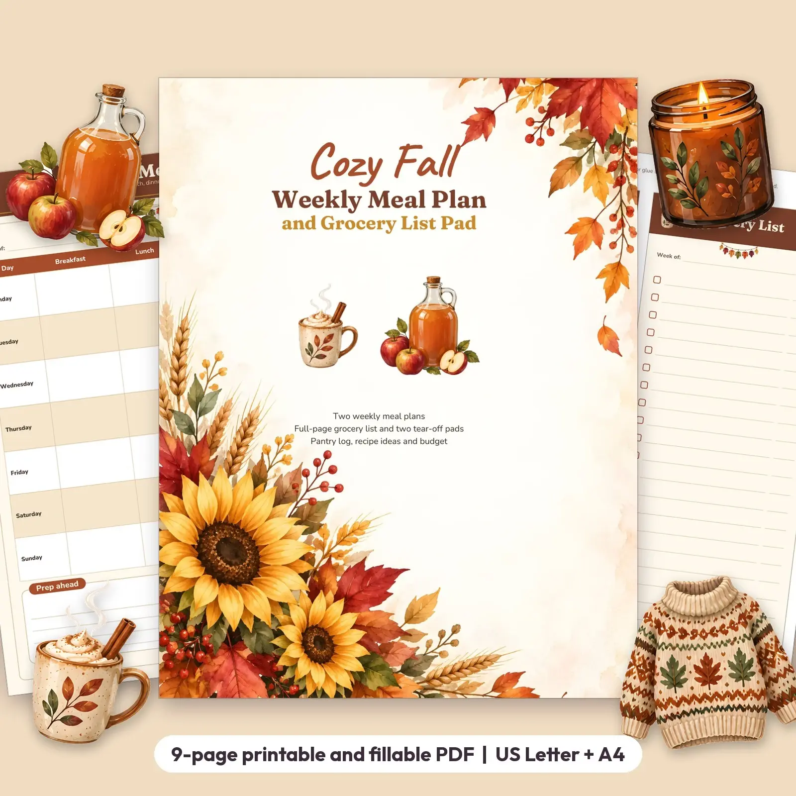Cozy Fall Weekly Meal Plan and Grocery List Pad - Fillable Printable Planner with Tear-Off Sheets preview