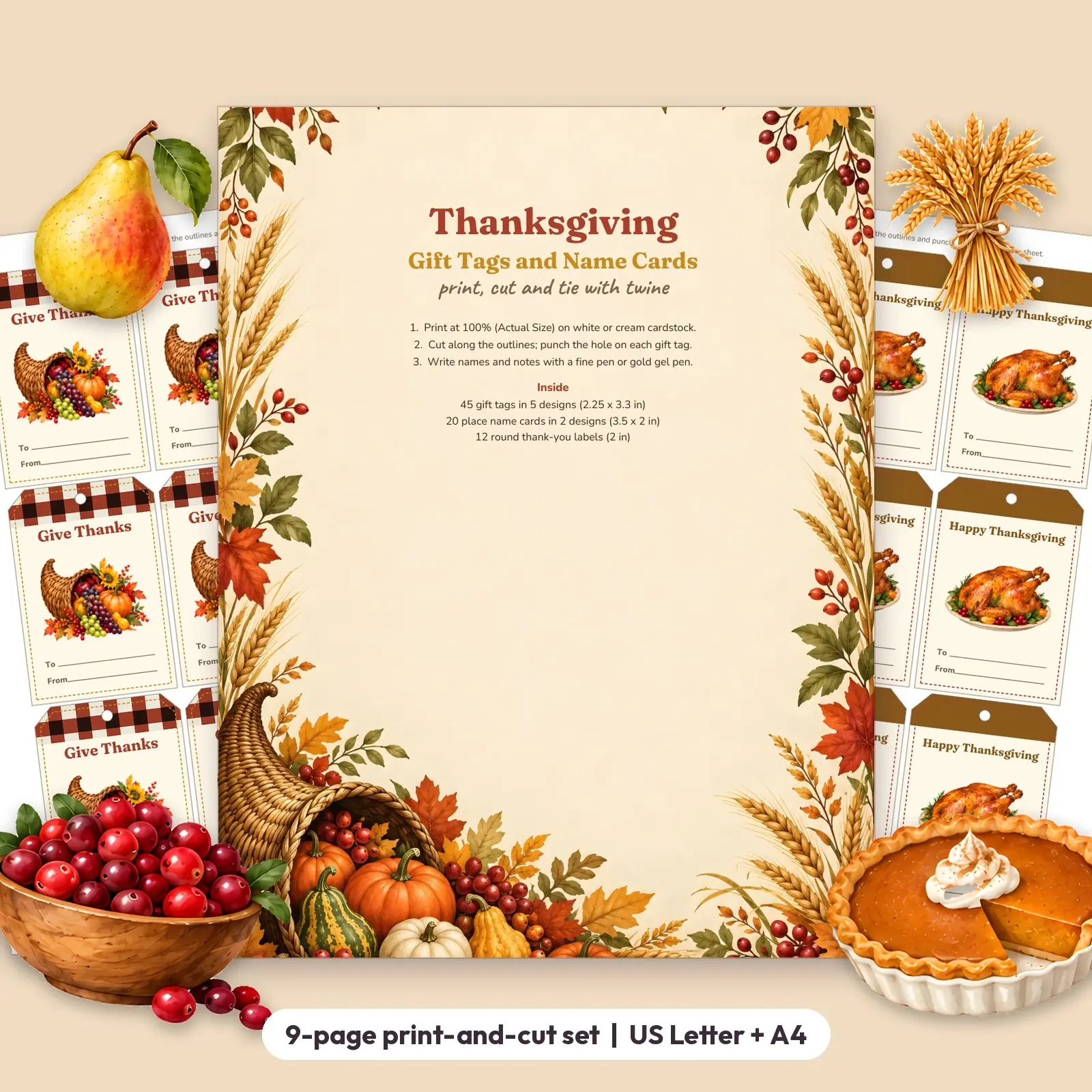 Thanksgiving Gift Tags and Place Name Cards - 45 Printable Hang Tags, 20 Name Cards, 12 Round Labels preview