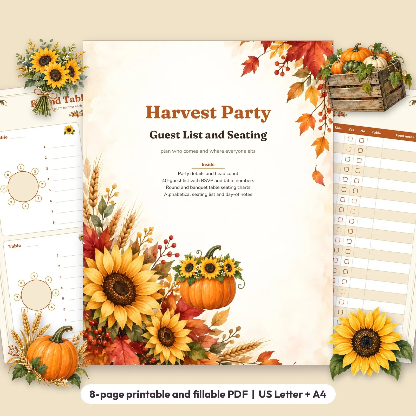 Harvest Party Guest List and Seating Chart Planner - Fillable RSVP List, Round and Banquet Table Charts, preview 1 of 4