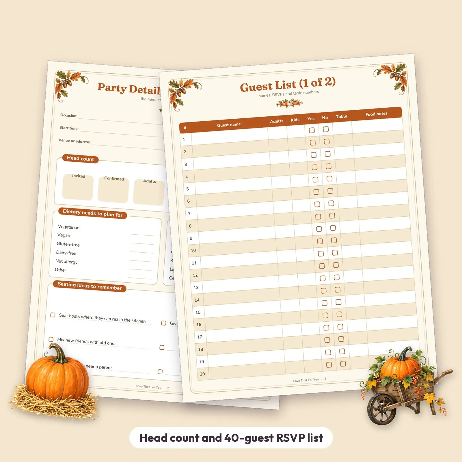 Harvest Party Guest List and Seating Chart Planner - Fillable RSVP List, Round and Banquet Table Charts, preview 3 of 4