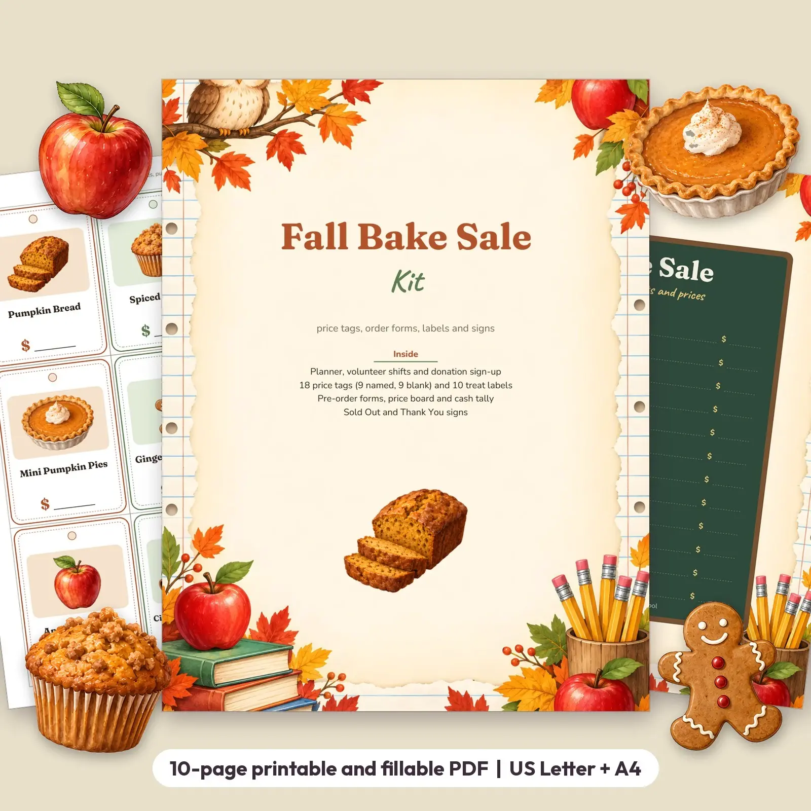 Fall Bake Sale Kit Printable - Price Tags, Pre-Order Forms, Treat Labels and Signs for School Fundraisers, Fillable preview