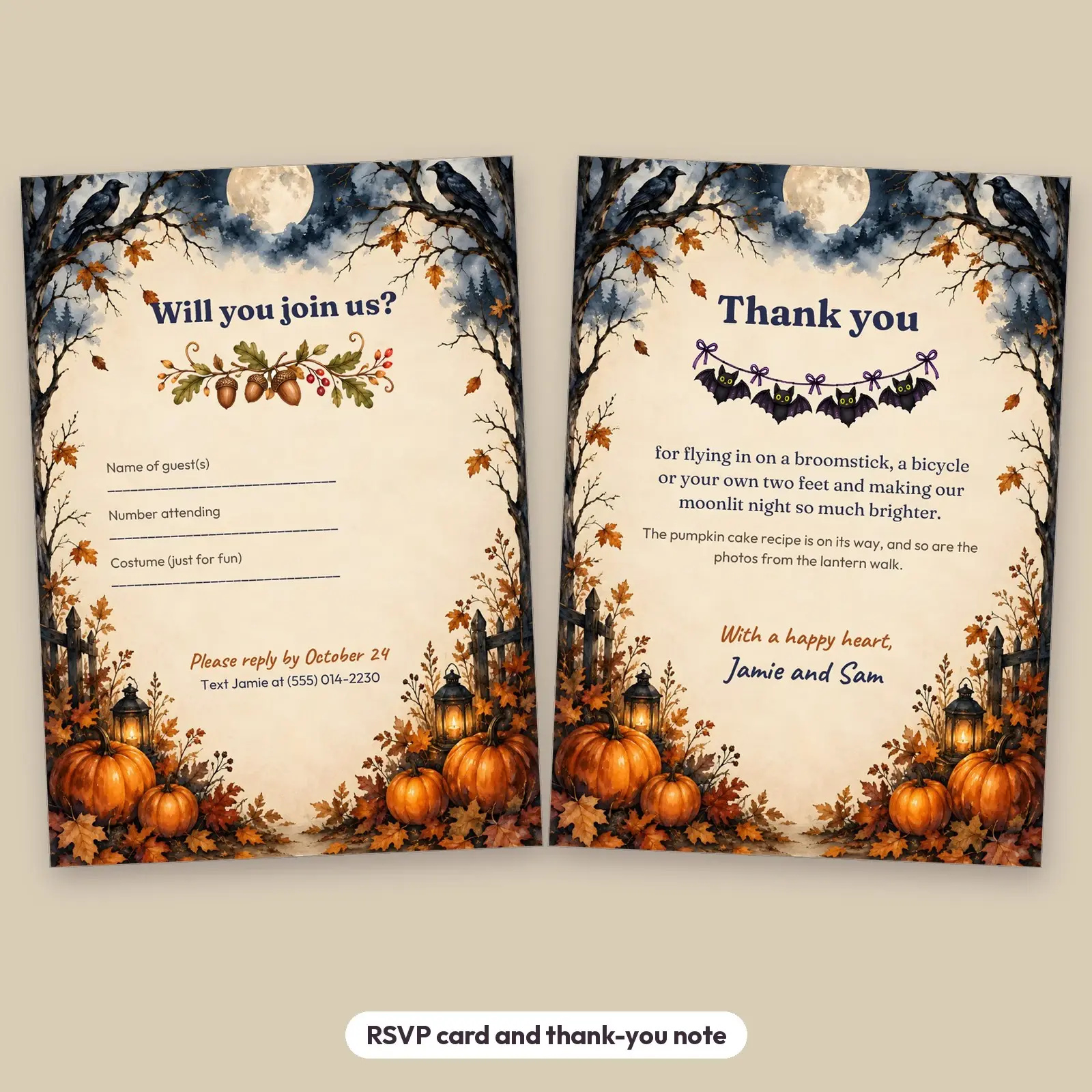 Moonlit Pumpkin Party Invitation Template Set – 5x7 Invite, RSVP Card and Thank-You Note (Word, PowerPoint, ODT, ODP), preview 4 of 4
