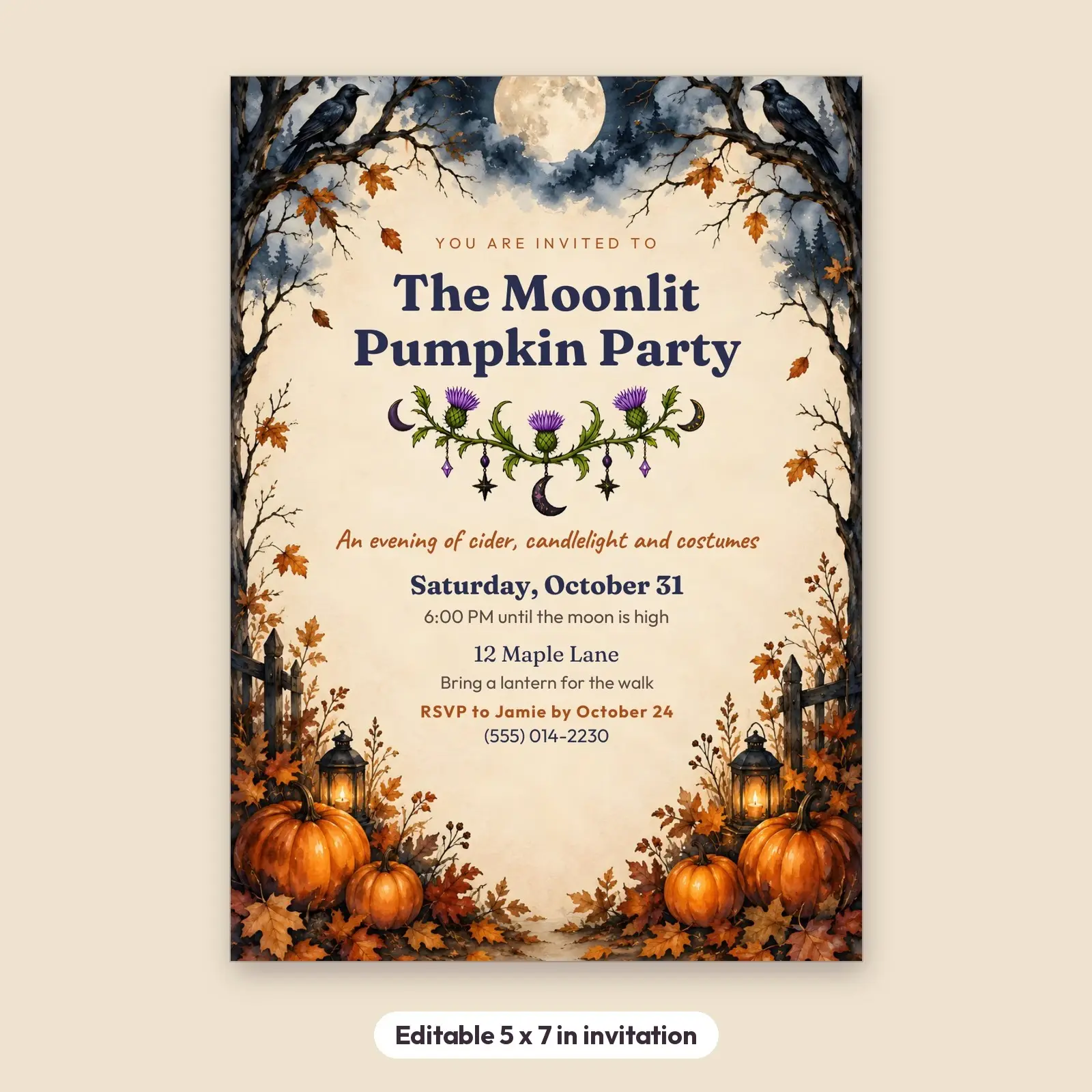 Moonlit Pumpkin Party Invitation Template Set – 5x7 Invite, RSVP Card and Thank-You Note (Word, PowerPoint, ODT, ODP), preview 2 of 4