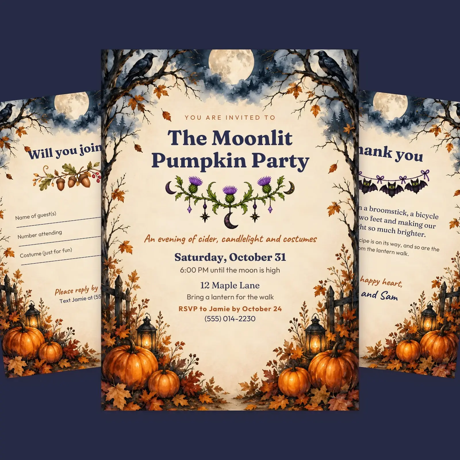 Moonlit Pumpkin Party Invitation Template Set – 5x7 Invite, RSVP Card and Thank-You Note (Word, PowerPoint, ODT, ODP) preview