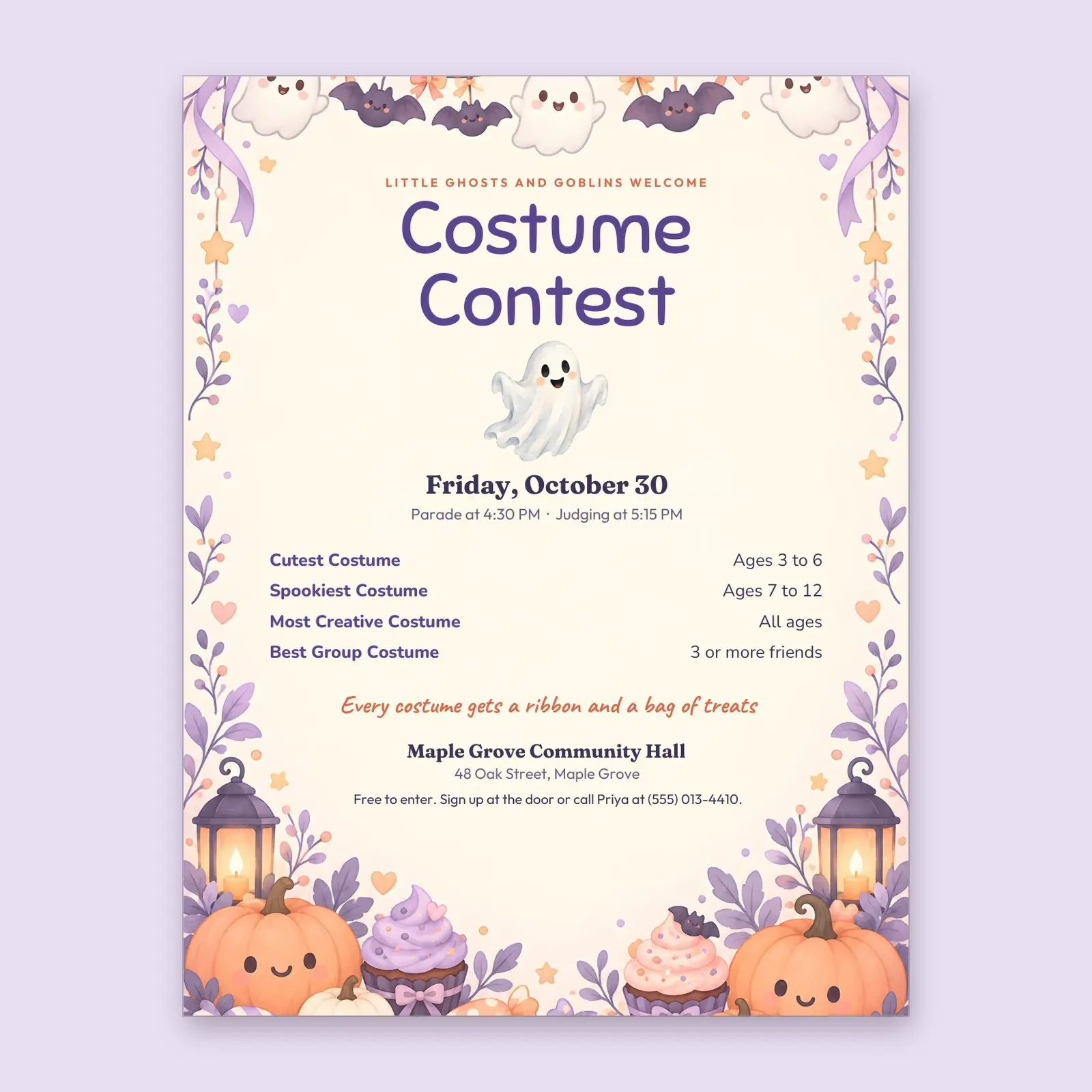 Pastel Ghost Costume Contest Flyer Template – Editable Word and PowerPoint Party Flyer, US Letter and A4 preview
