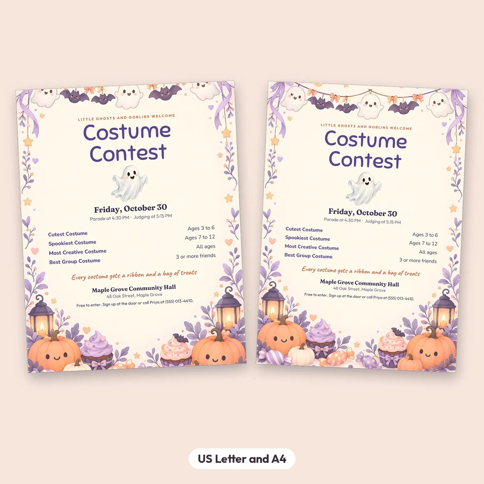 Pastel Ghost Costume Contest Flyer Template – Editable Word and PowerPoint Party Flyer, US Letter and A4, preview 2 of 4