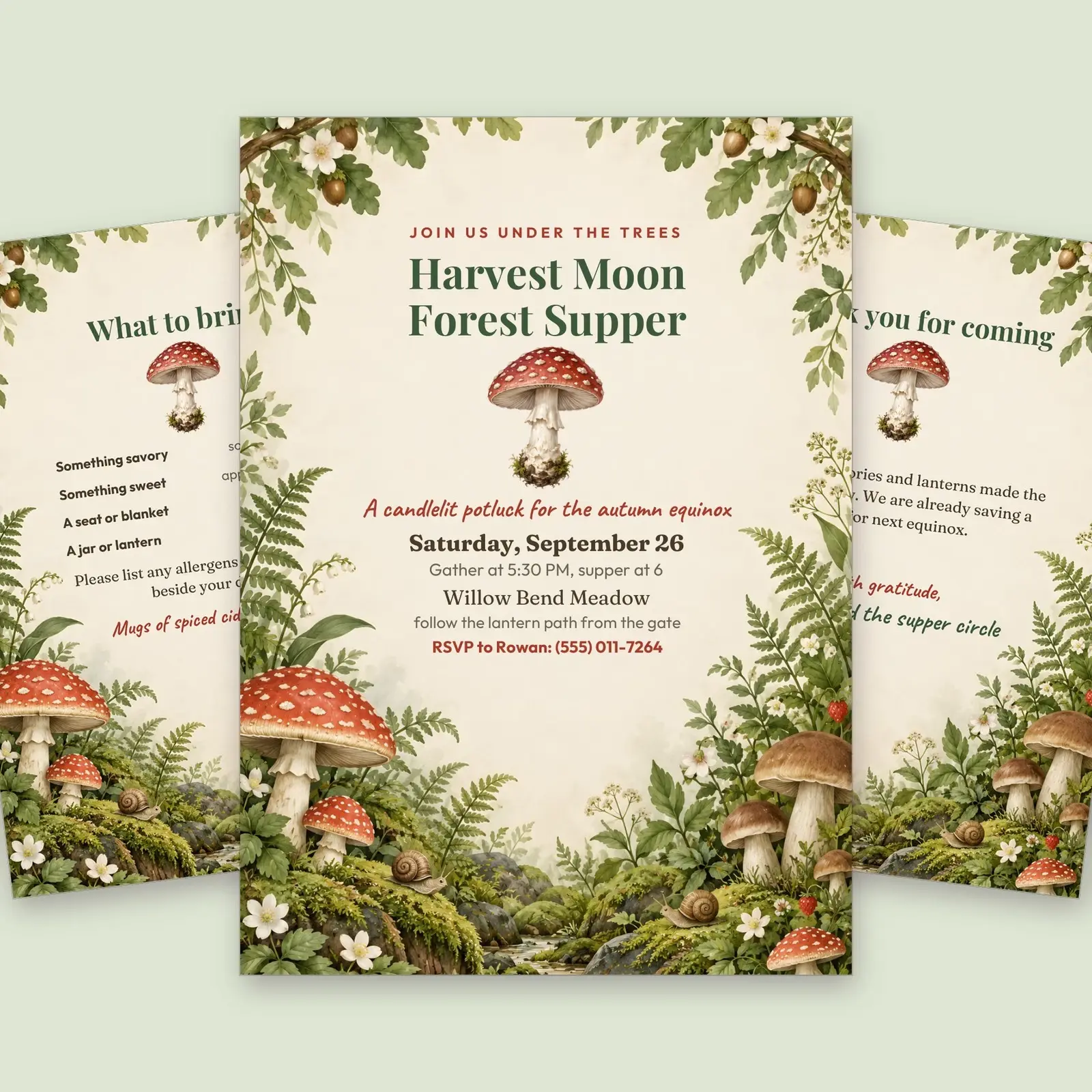 Mushroom Forest Supper Invitation Template – Editable 5x7 Invite, Potluck Card and Thank-You (Word, PowerPoint) preview