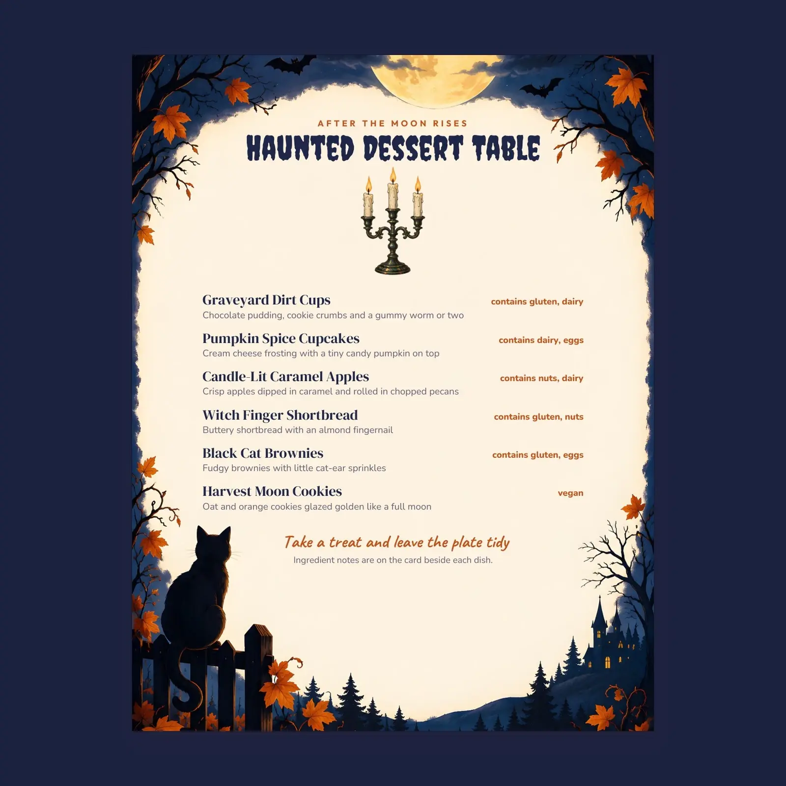 Black Cat Haunted Dessert Table Menu Template – Editable Halloween Sweets Menu and Treat Card, Letter and A4 preview
